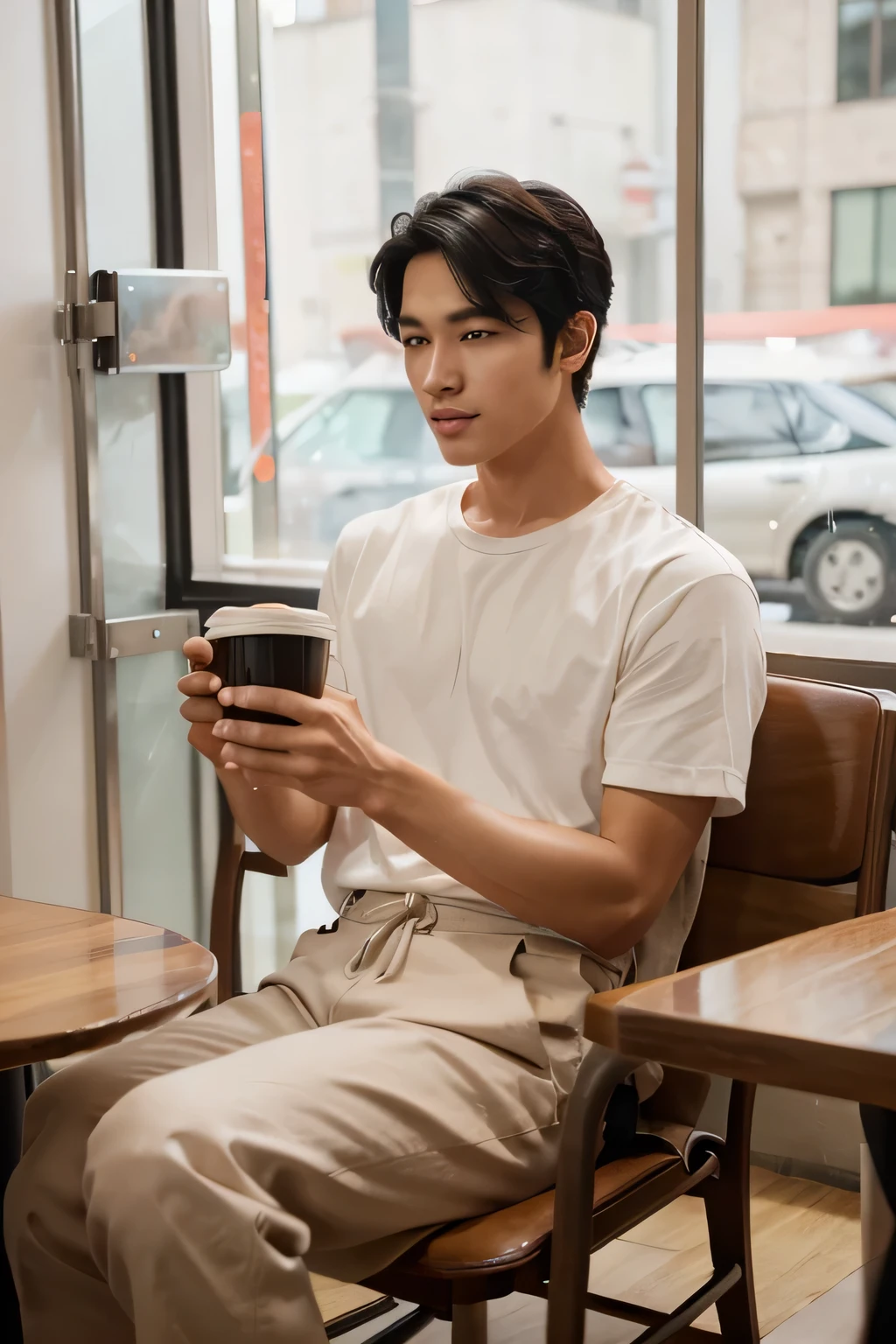 young East Asian male model with smooth, fair skin and a slight smile. He has short, styled black hair with a slight wave and almond-shaped eyes. His nose is small and straight, and his lips are thin and naturally pink. The model is seated at a cozy, modern coffee shop, holding a cup of coffee and looking out the window with a relaxed expression. The soft, warm lighting highlights his smooth, fair skin and styled black hair.