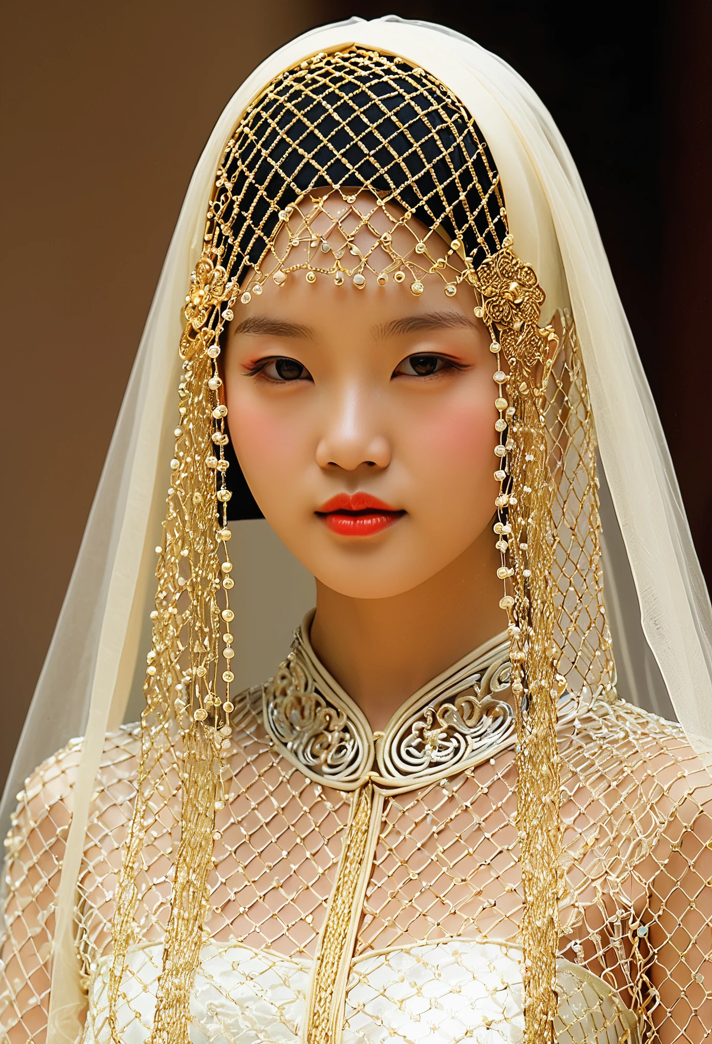 (A very beautiful Chinese girl):1.5 wearing a mesh metal curtain mask\(A metallic beaded veil, resembling a hat, serves as a mask that obscures the face. It exudes an enigmatic and aesthetic appeal while simultaneously evoking a sense of oppression. The intricate arrangement of the beads creates a lattice-like structure that is both mesmerizing and foreboding)\,Black hooded robe with a tattered cotton and linen texture,