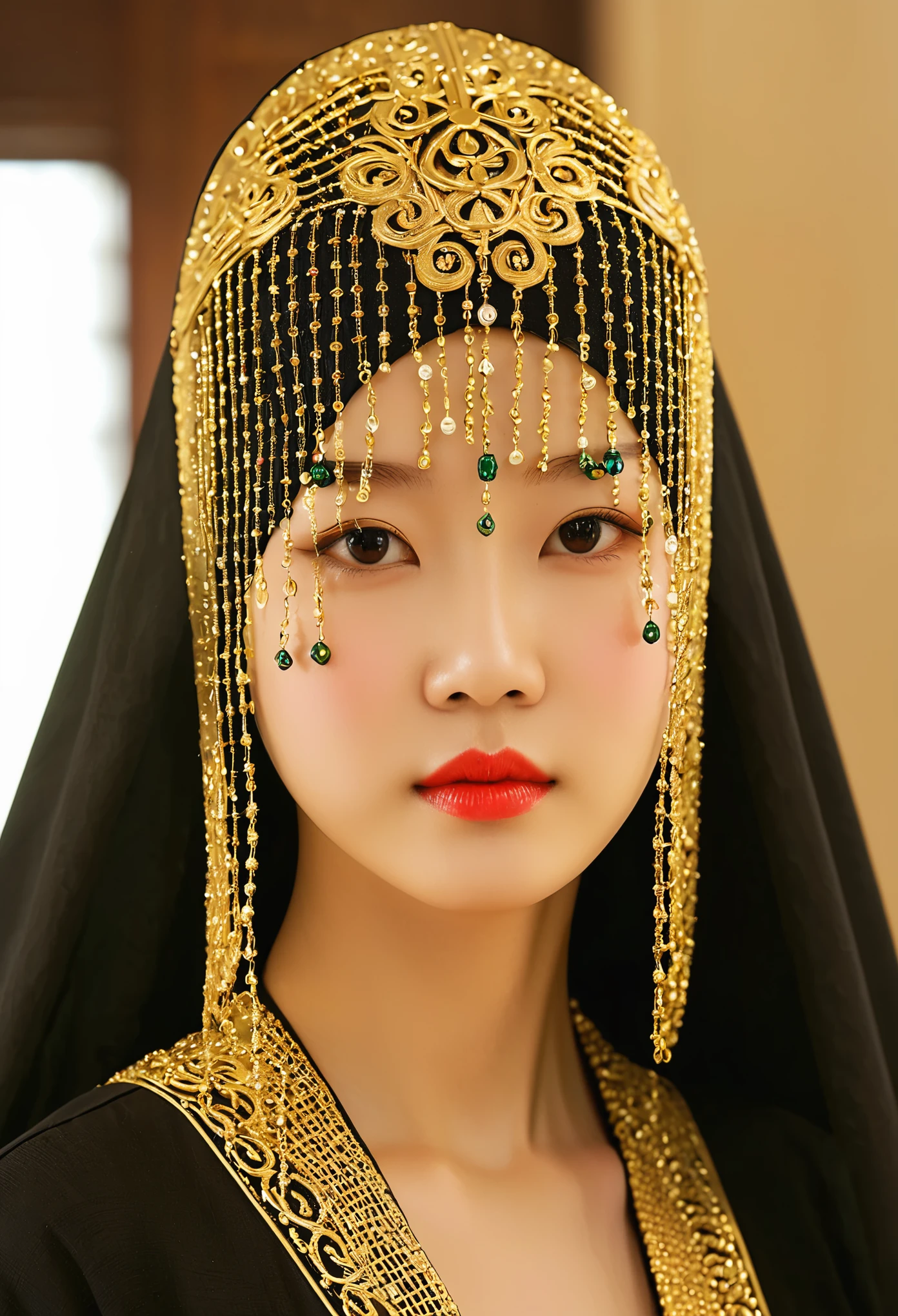 (A very beautiful Chinese girl):1.5 wearing a mesh metal curtain mask\(A metallic beaded veil, resembling a hat, serves as a mask that obscures the face. It exudes an enigmatic and aesthetic appeal while simultaneously evoking a sense of oppression. The intricate arrangement of the beads creates a lattice-like structure that is both mesmerizing and foreboding)\,Black hooded robe with a tattered cotton and linen texture,