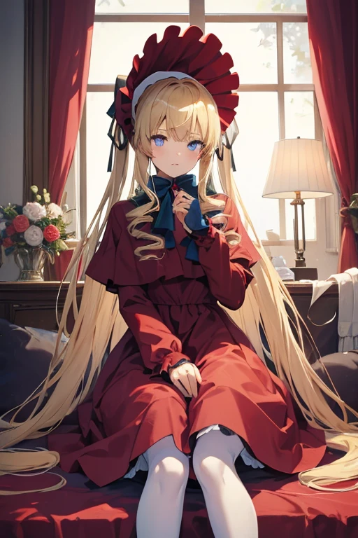 masterpiece, highest quality, High resolution, 1 8--old l、blue eyes、
blonde、Straight Long Hair、Original costumes、bonnet, Red dress,White pantyhose cup, Luxury Bedroom、