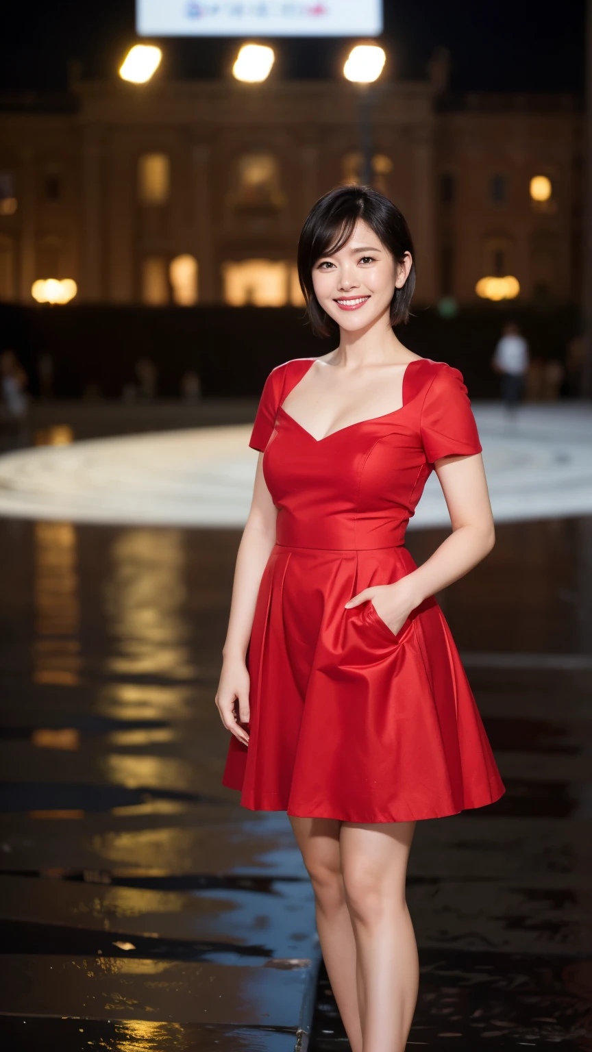 最high quality, In 8K, Masseter region, Vibrant, Sharp focus, high quality, High resolution, Detailed face, Fine grain, Red lips, (Watching the audience), alone, Beautiful woman, 38 years old, (Very short black hair:1.3)、(Bob Hair)、(Standard body shape)、(D cup breasts)、 Cleavage, , afternoon、(Full body photo)、(Italy、Milan、The square in front of the church:1.5),(Standing in the square:1.5)、(Red short sleeve knit dress:1.6)、(White knee-length skirt:1.6)、pantyhose、(Black pumps:1.5)、(Smiling with teeth showing:1.6)、