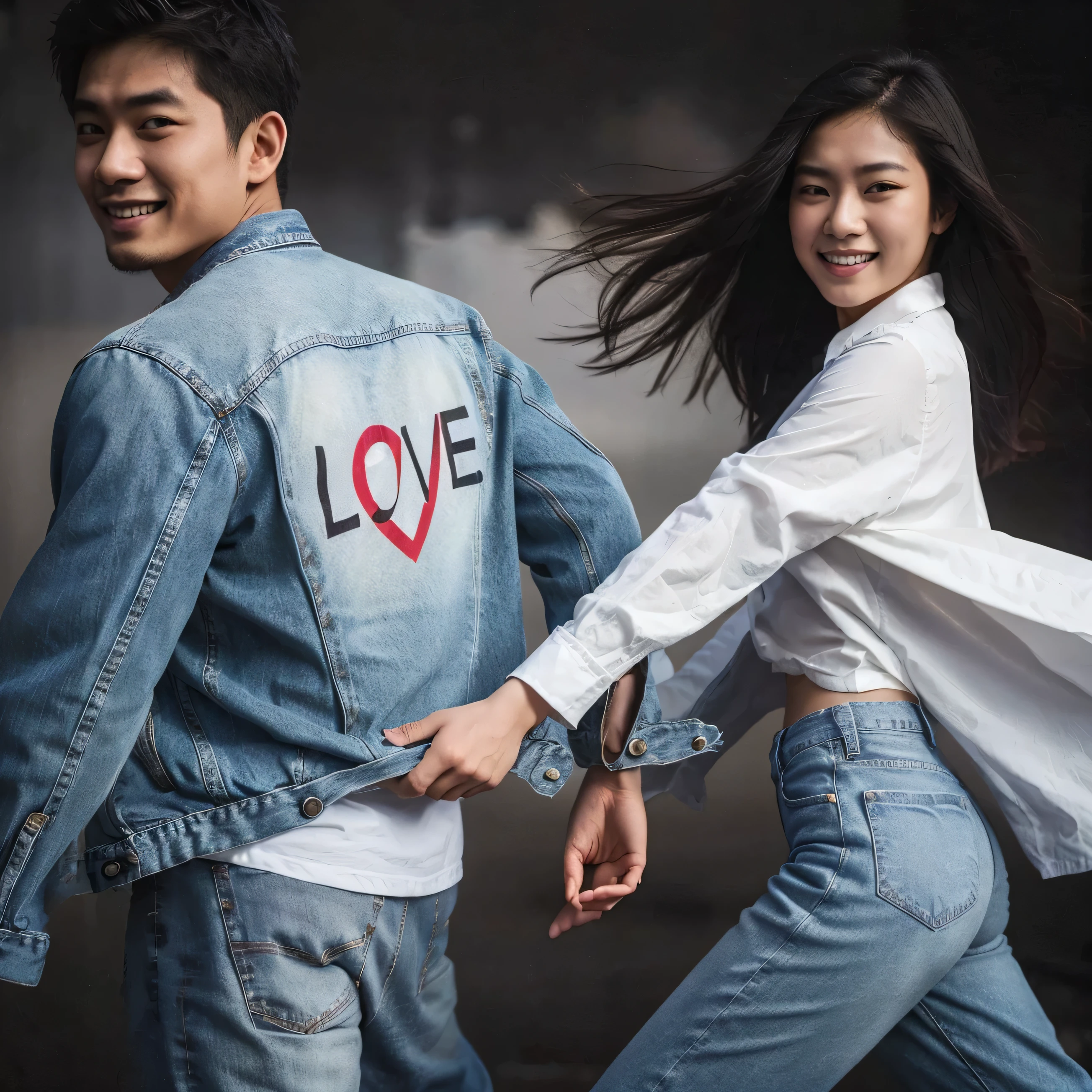 long shoot photography, asian couple, a 27 year old asian man wearing white shirt with love simbol, blue jeans jacket in blue jeans, 25 year old asian woman decomposed wearing long white shirt with simbol love, the position of smile faced man is in front of whose hand are pulled by smiling woman, smiling faced, back the camera, gust wind, background black cloud, HD photo, high quality, high resolution, real condition, photo real