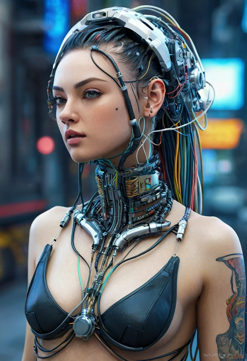 ((extremely delicate and beautiful cybernetic girl)), ((mechanical limblood vessels connected to tubeechanical vertebrae), ((mechanical cervical attaching to neck)), (wires and cables attaching to neck:1.2), ((mass of wires and cables on head)), (character focus), (((dynamic pose))), ((cowboy shot)), (masterpiece), (((best quality))), ((ultra-detailed)), (highly detailed photorealistic CG illustration), cinematic lighting, science fiction, extremely detailed,colorful,highest detail, (((cyberpunk city background))), tattoos,