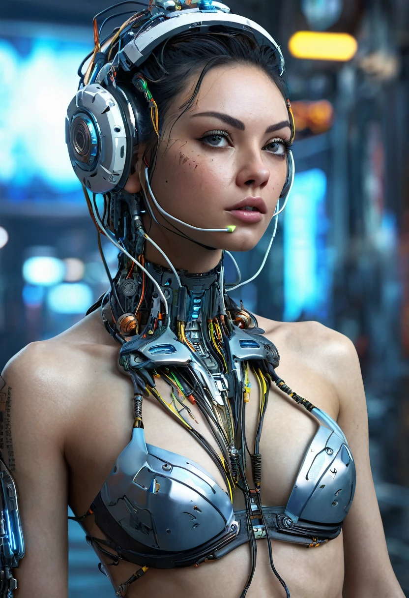 ((extremely delicate and beautiful cybernetic girl)), ((mechanical limblood vessels connected to tubeechanical vertebrae), ((mechanical cervical attaching to neck)), (wires and cables attaching to neck:1.2), ((mass of wires and cables on head)), (character focus), (((dynamic pose))), ((cowboy shot)), (masterpiece), (((best quality))), ((ultra-detailed)), (highly detailed photorealistic CG illustration), cinematic lighting, science fiction, extremely detailed,colorful,highest detail, (((cyberpunk city background))), tattoos,