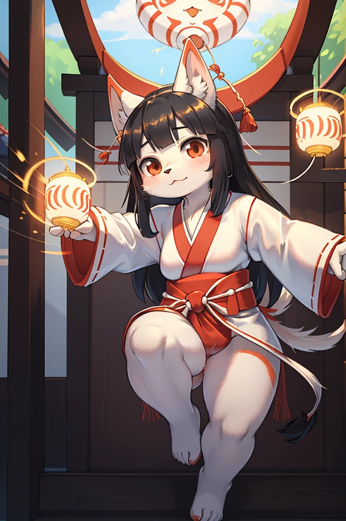 (Henri Matisse style:1.2), from above , 1 hairy inari girl , Short stature , realistic hairy fur , Straight black Long Hair , Round face, swollen cheeks,round eyes , neat hair ties , Japanese Shrine Maiden Clothing , (dynamic Noh dance action:1.3) , in the Inari Shrine , Sacred offerin , (Fly around Will-o'-the-wisp) , midnight