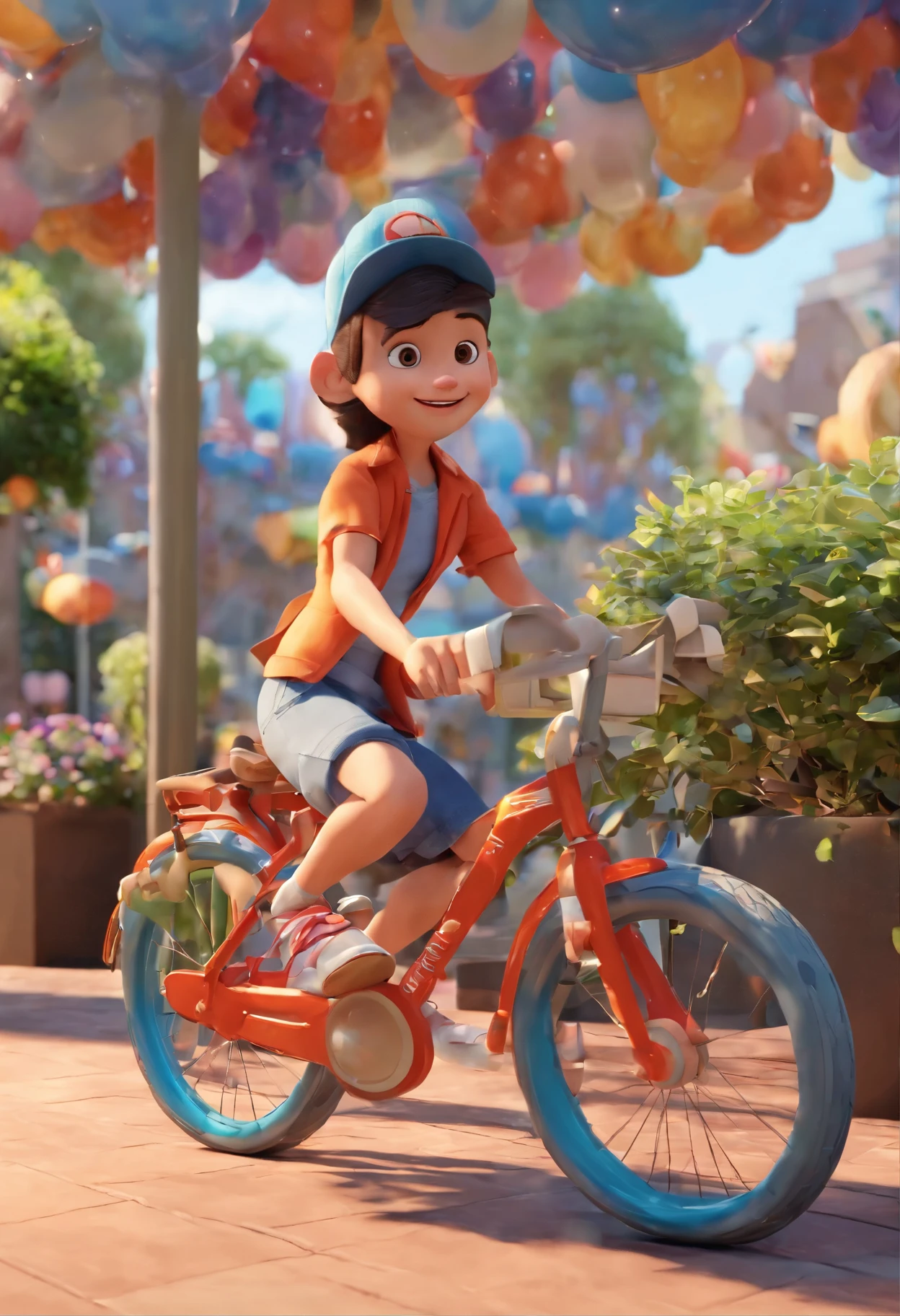 Cena estilo Disney pixar de Jovem de 30 anos, branco cabelos castanhos curto, andando de bicicleta no estacionamento do shopping,