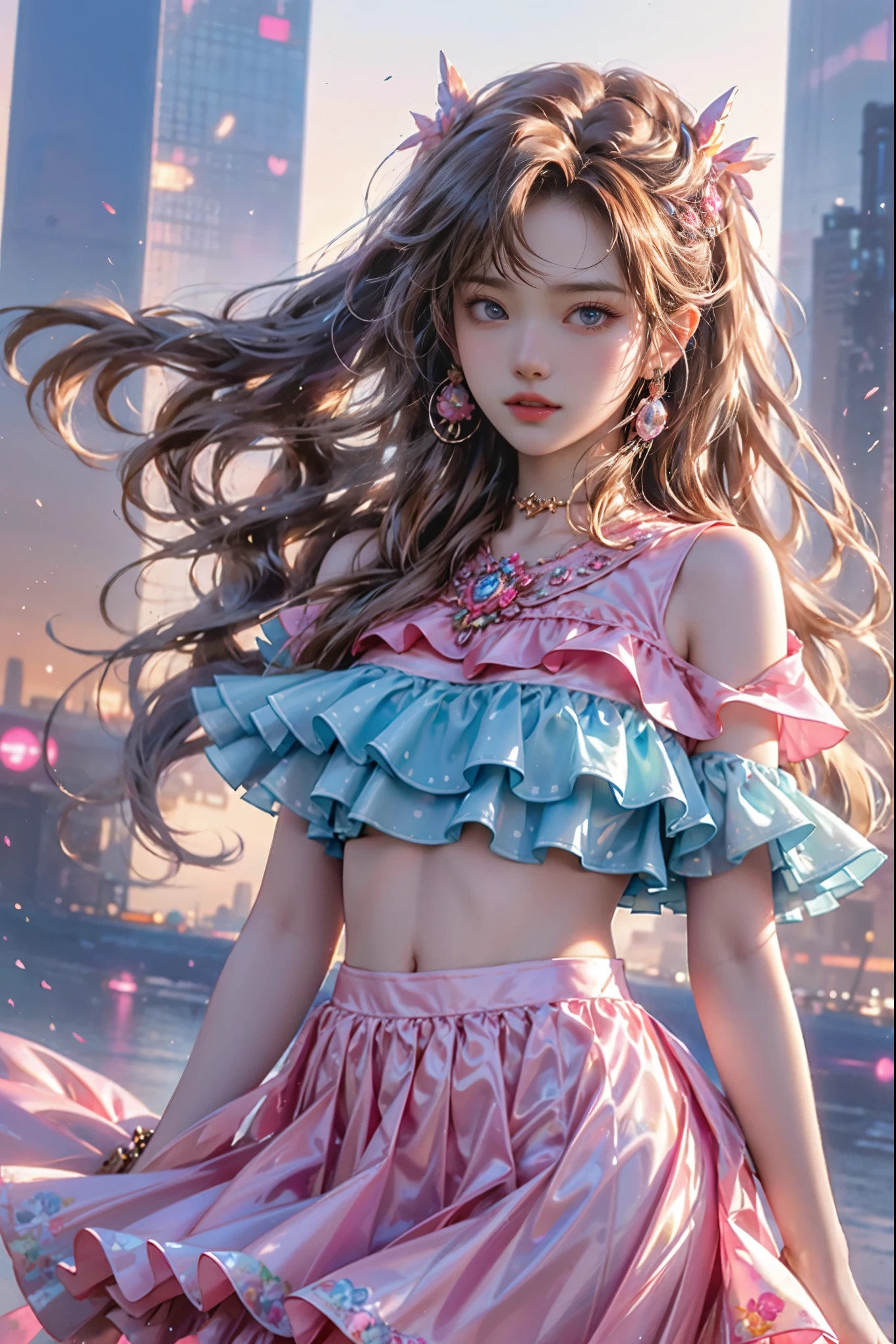 High quality, high resolution, masterpiece, highly finished, detailed photorealistic, real photo. She is a stunning beauty with curly brown hair and striking blue eyes, accentuated by her long eyelashes. She wears a bright pink outfit that features her ruffled skirt and flowing top adorned with intricate details. She is set against a futuristic cityscape with skyscrapers and neon lights creating a glowing backdrop. The overall vibe of the images is fashion-forward, dynamic, and has an anime-inspired appeal.