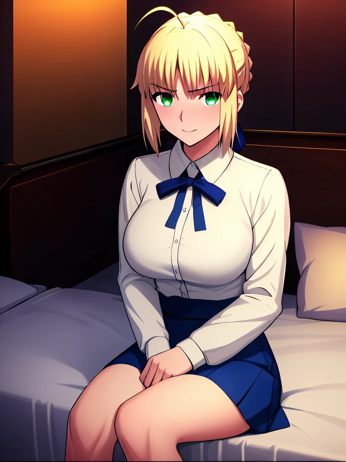 Best_quality, masterpiece, highres, detailed, detailed_background, ray_tracing_graphic, solo, adult_female, {saber_fatestaynightufotable:1.15}, blonde_hair, little_ahoge, detailed_green_eyes, blue_ribbon, 1girl, anime_coloring, detailed_face, happy_face, five_fingers, blush, large_breasts, white_shirt, blue_skirt, from_the_front, sit, bed, dark_room, night_time, looking_at_viewer, oily_skin, detailed_skin, detailed_texture