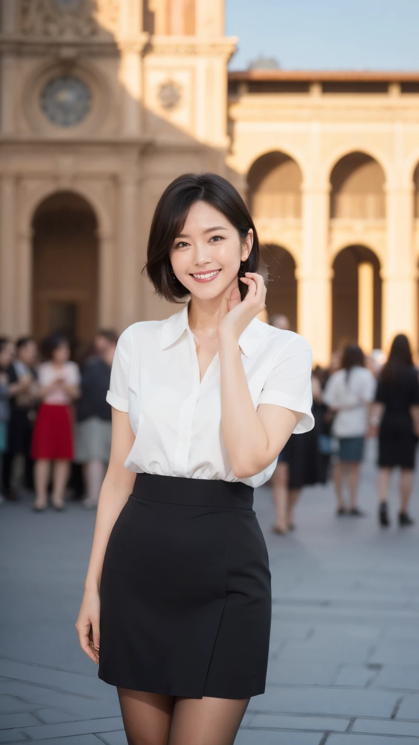 最high quality, In 8K, Masseter region, Vibrant, Sharp focus, high quality, High resolution, Detailed face, Fine grain, Red lips, (Watching the audience), alone, Beautiful woman, 38 years old, (Very short black hair:1.3)、（Bob Hair）、（Standard body shape）、（D cup breasts）、 Cleavage, , afternoon、（Full body photo）、（Italy、Milan、The square in front of the church:1.5）,(Standing in the square:1.5)、（White short-sleeved knit dress:1.6）、（White knee-length skirt:1.6）、pantyhose、（Black pumps:1.5）、（Smiling with teeth showing:1.6）、