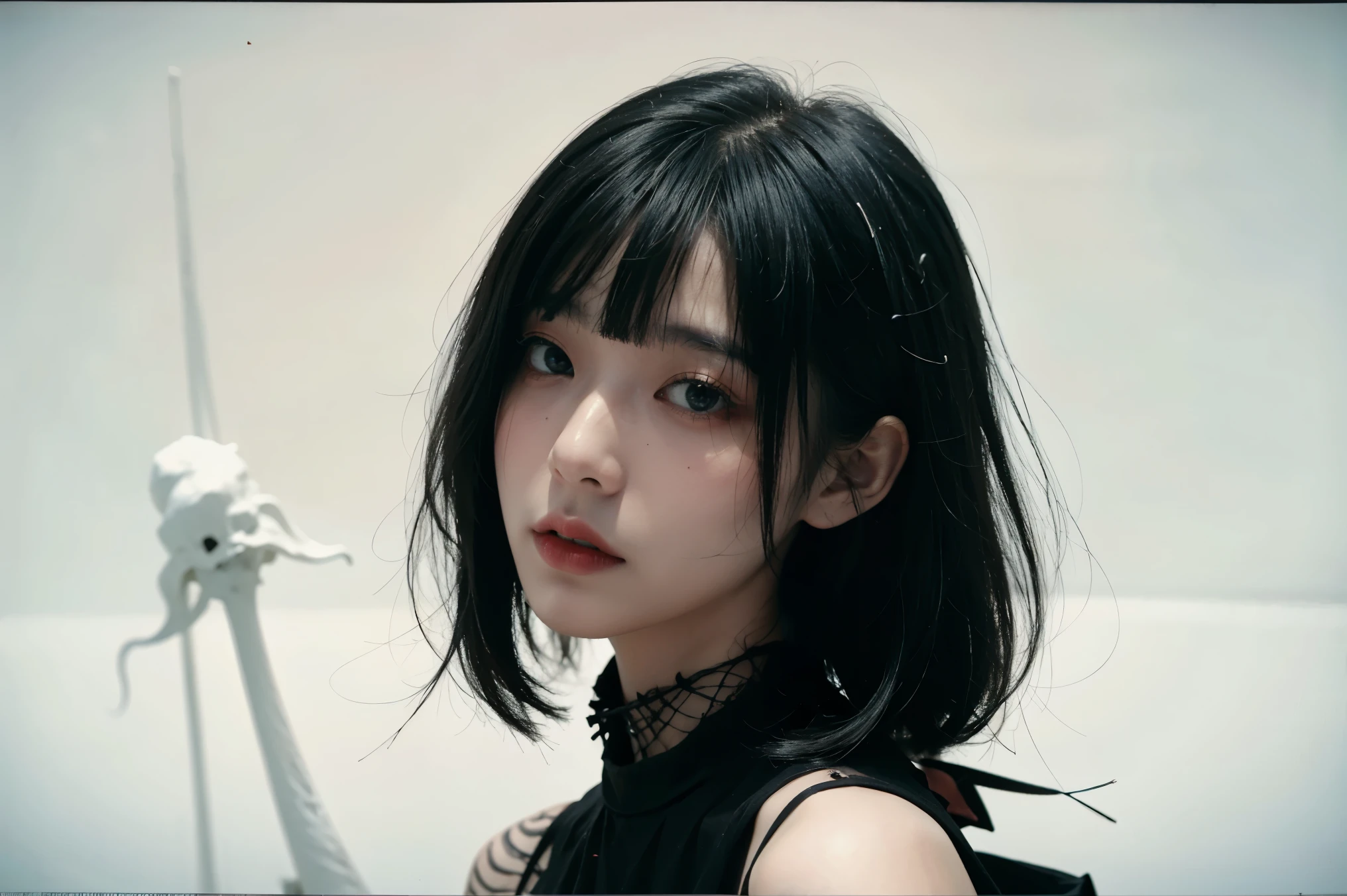 zwd, true-to-life visuals, artistically refined, breathtaking aesthetics, dramatic contrasts, beautiful white concrete background, 1 girl, 24-years-old, slender, Medium Hair, bangs, (Gothic_Punk:1.2), masterpiece, best quality, RAW Photos, candytt