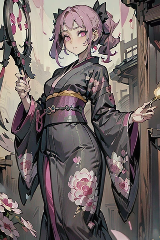 A pink haired woman with violet eyes with an hourglass figure in a kimono is spinning her scythe in a flurry of peony petals