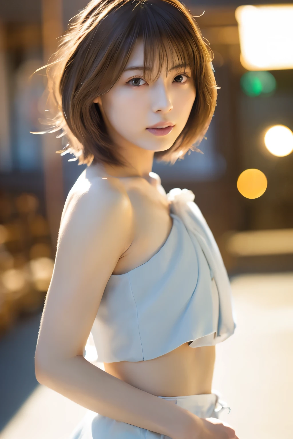 Top quality, realistic, perfect human body structure, very detailed, very delicate and beautiful, RAW photography, professional lighting, luminescence, depth of field, single focal, full body, Skinny Japanese lady, 30 years old lady, brown hair, small head, beautiful eyes, real face, realistic skin, detailed eyes, (fashionable hairstyle: 1.3),