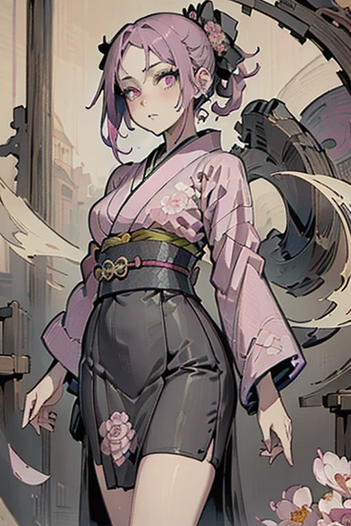 A pink haired woman with violet eyes with an hourglass figure in a kimono is spinning her scythe in a flurry of peony petals