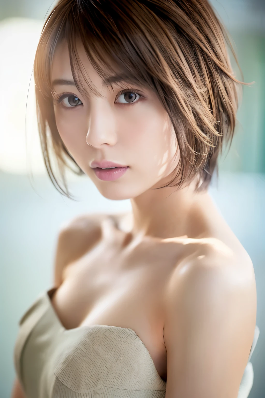 Top quality, realistic, perfect human body structure, very detailed, very delicate and beautiful, RAW photography, professional lighting, luminescence, depth of field, single focal, full body, Skinny Japanese lady, 30 years old lady, brown hair, small head, beautiful eyes, real face, realistic skin, detailed eyes, (fashionable hairstyle: 1.3),