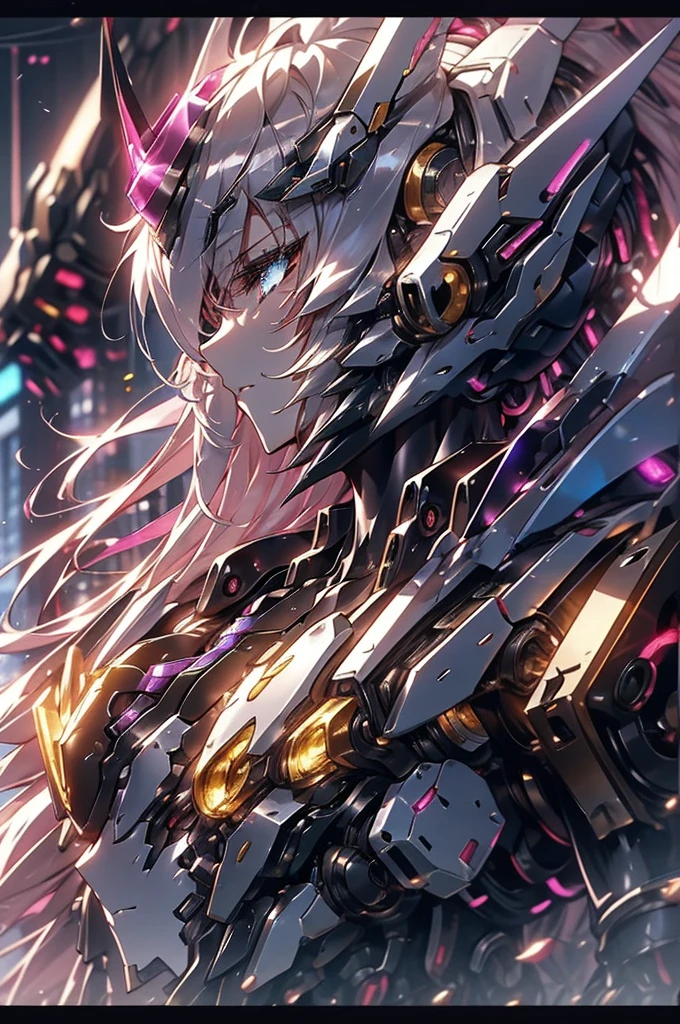 Create the image of a humanoid robot with a military appearance. It has two antennas and a slender build, with silver color and details in olive green and purple. The scene is set in a military base in the near future, with other robots nearby. The humanoid robot is standing in an anime style, reminiscent of Masamune Shirow's work and 'Ghost in the Shell', with elements of 'Overwatch' style. The image should be in 4K resolution, resembling anime from the 2000s, highly detailed, with a focus on intricate details, high quality, enhanced editing, dynamic action pose, and an anime aesthetic.