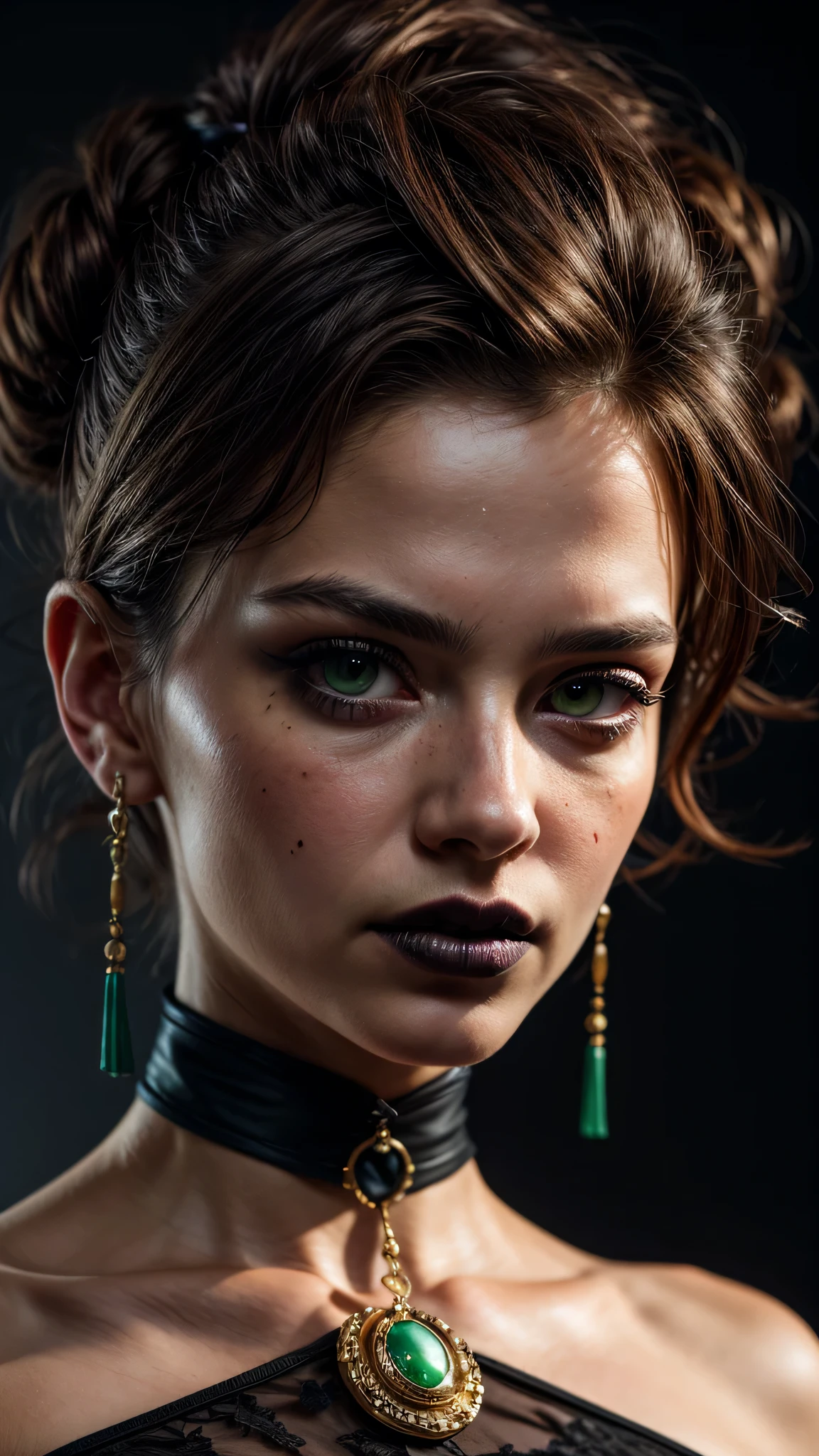 ((best quality: 1.5)) ((masterpiece)), intricate details, soft focus, professional, real life, realistic representation of the face, dim volumetric lighting, dynamic pose, in the style of realistic and hyper detailed renderings BREAK (detailed 20 year old woman, (((blackout gothic eye makeup, (portrait, cheekbones, thick), black lips, pointed chin, angry, from below:1.2), clear green eyes, short curly [blonde hair:white hair:0.3], Victorian green chinoiserie gold dress, high collar, film grain, bokeh, black background, dark empty room, golden hour), emerald, nose piercing, determined expression), freckles:0.8), photorealistic, hyper-realistic, 8K