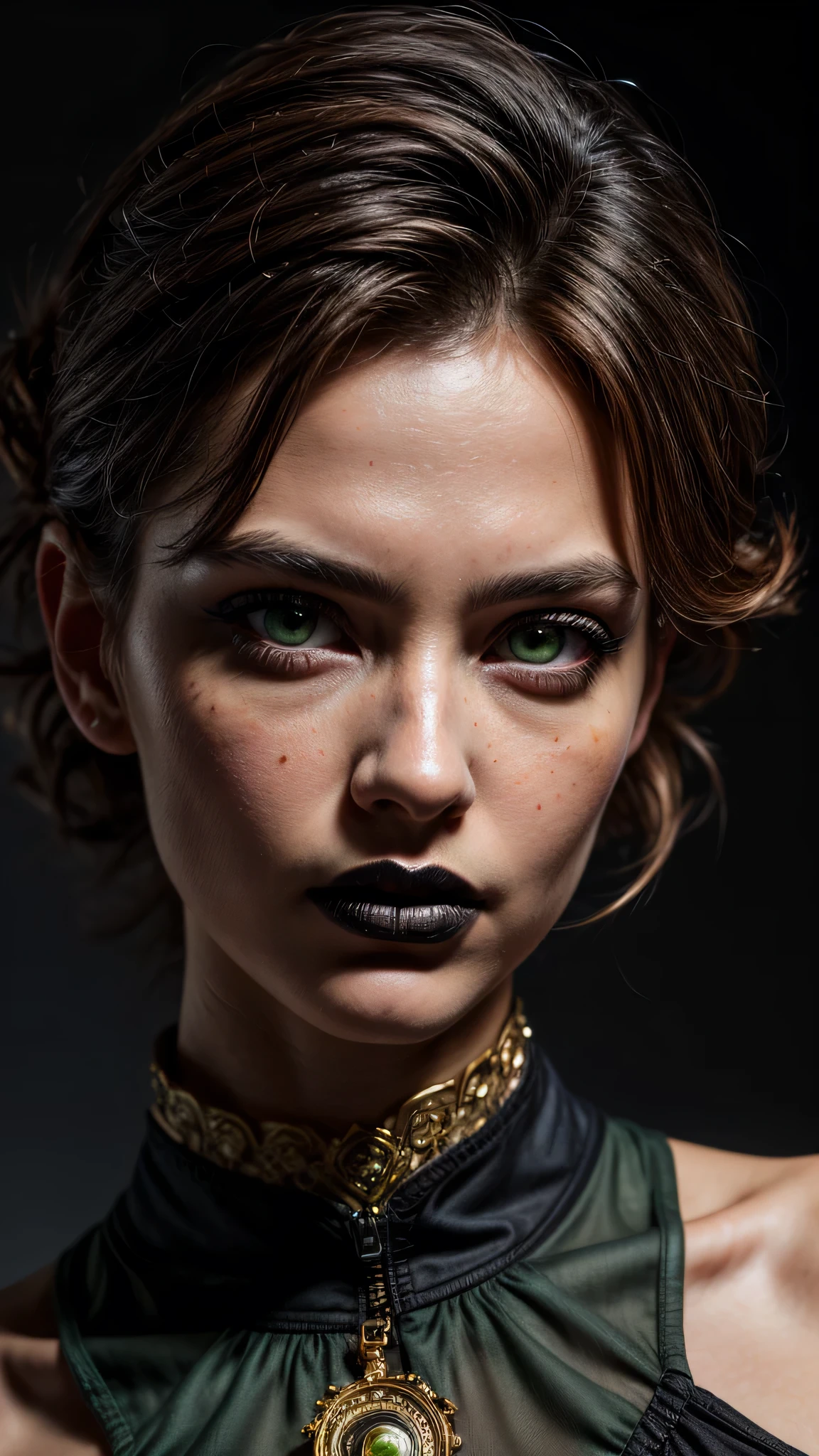 ((best quality: 1.5)) ((masterpiece)), intricate details, soft focus, professional, real life, realistic representation of the face, dim volumetric lighting, dynamic pose, in the style of realistic and hyper detailed renderings BREAK (detailed 20 year old woman, (((blackout gothic eye makeup, (portrait, cheekbones, thick), black lips, pointed chin, angry, from below:1.2), clear green eyes, short curly [blonde hair:white hair:0.3], Victorian green chinoiserie gold dress, high collar, film grain, bokeh, black background, dark empty room, golden hour), emerald, nose piercing, determined expression), freckles:0.8), photorealistic, hyper-realistic, 8K