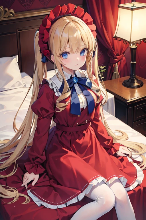 masterpiece, highest quality, High resolution, 1 8-year-old girl、blue eyes、
blonde、Straight Long Hair、Original costumes、bonnet, Red dress,White pantyhose cup, Luxury Bedroom、