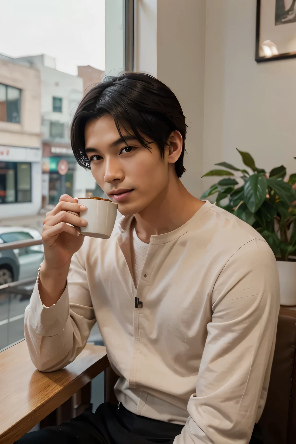 young East Asian male model with smooth, fair skin and a slight smile. He has short, styled black hair with a slight wave and almond-shaped eyes. His nose is small and straight, and his lips are thin and naturally pink. The model is seated at a cozy, modern coffee shop, holding a cup of coffee and looking out the window with a relaxed expression. The soft, warm lighting highlights his smooth, fair skin and styled black hair.