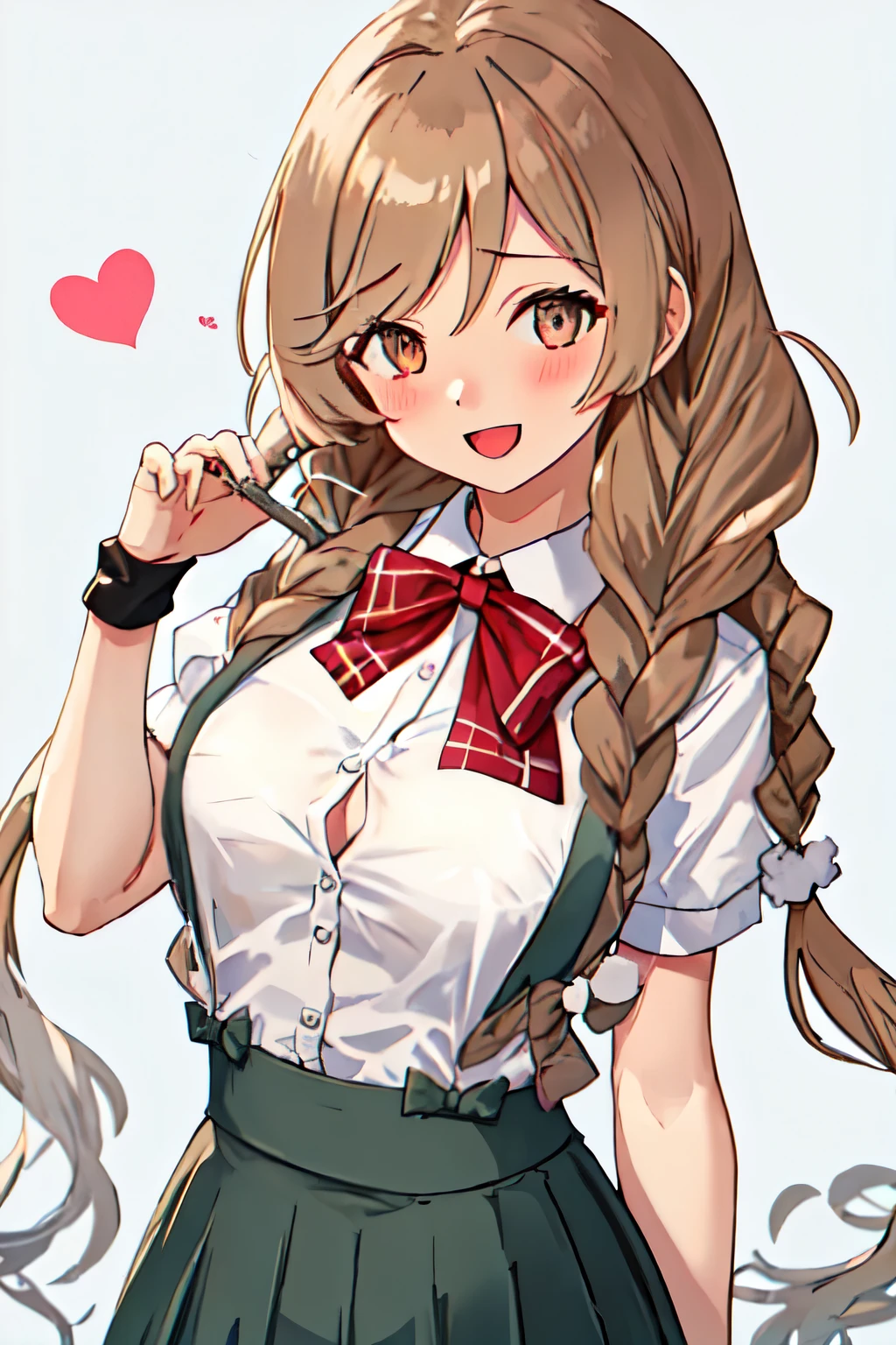 highest quality, masterpiece, High resolution, 一人in, {Minegumo_Fleet Collection:1.15}, length_hair, twin_braiiss, braiis, Light_brOwn_hair, reis_eye, chest, brOwn_eye, graisient_hair, multicoloreis_hair, blush, Open_mouth, bow, bowtie, reis_bow, smile, reis_bowtie, big_chest, One girl, :is, 前hair, collareis_shirt, heais_Tilt, Looking_in_Audience, plaiis, shirt, short_sleeve, suspenisers, white_shirt, arm_warmers, brOwn_hair, hair_between_eye, plaiis_bow, pleineis_skirt, skirt, suspeniser_skirt, twintails, very_length_hair, green_skirt, gray_skirt, haniss_superior, heart, Own_haniss_together, palm_together, ふくらんinいる_short_sleeve, Simple_backgrounis, white_backgrounis