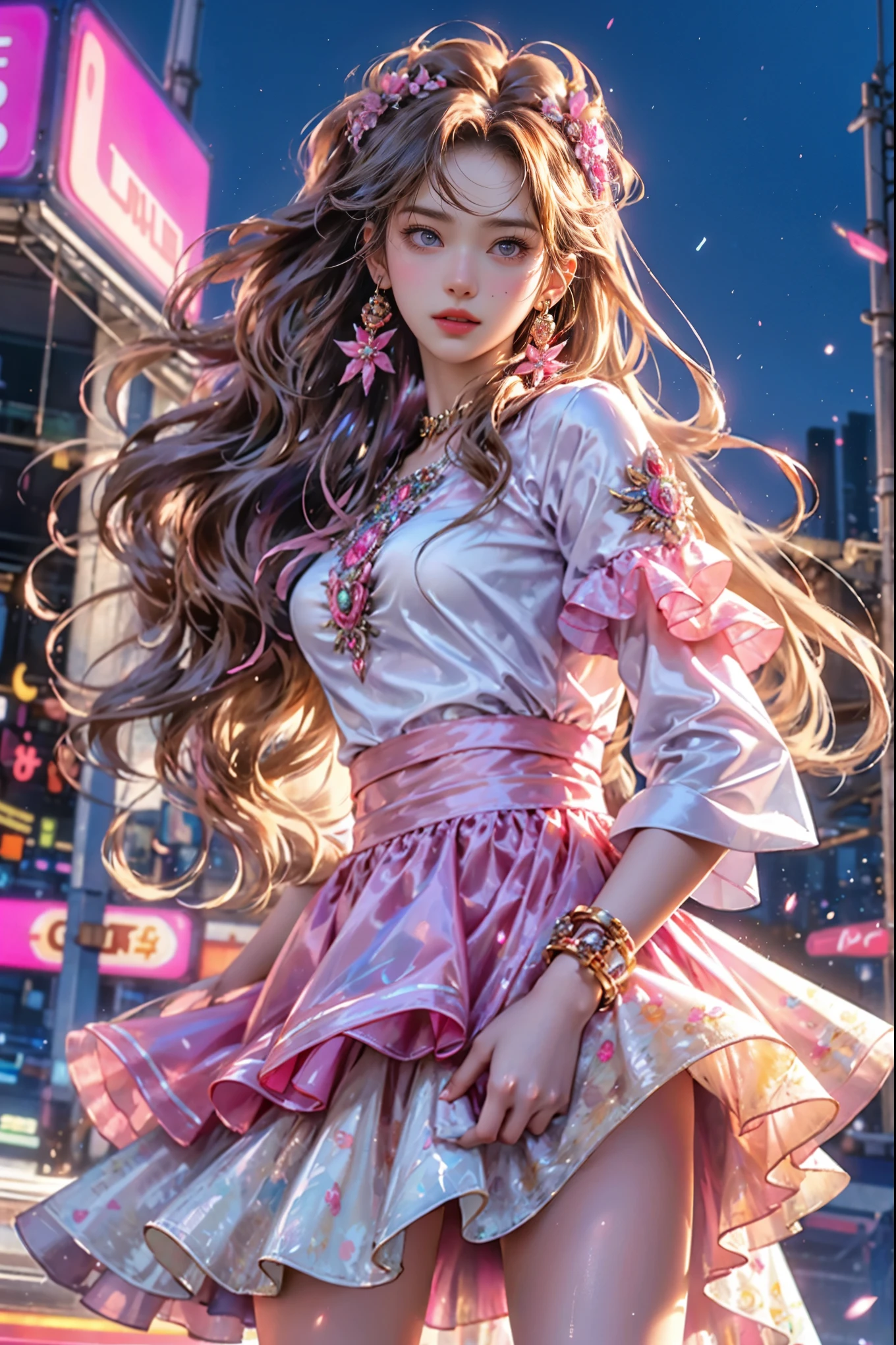 High quality, high resolution, masterpiece, highly finished, detailed photorealistic, real photo. She is a stunning beauty with curly brown hair and striking blue eyes, accentuated by her long eyelashes. She wears a bright pink outfit that features her ruffled skirt and flowing top adorned with intricate details. She is set against a futuristic cityscape with skyscrapers and neon lights creating a glowing backdrop. The overall vibe of the images is fashion-forward, dynamic, and has an anime-inspired appeal.