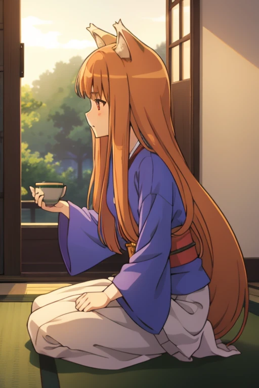 horo,seiza,1girls,２girls,kimono,Mansion,Tatami room,drink tea,Spice and Wolf