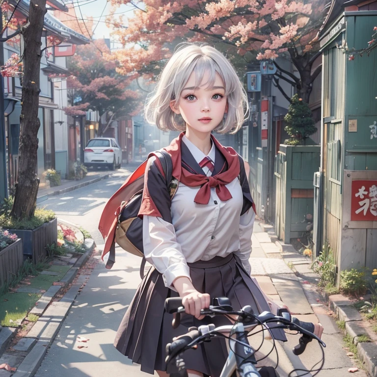 (masterpiece:1.3), (8k, Realistic, RAW Photos, Best image quality: 1.4), Fair-skinned fairy woman、short hair、Cleavage:2.0、Highly detailed face、Attention to detail、double eyelid、Sharp focus:1.2、Beautiful woman:1.4、Silvery white hair、highest quality、masterpiece、Ultra-high resolution、(Realistic:1.4)、Highly detailed and professionally lit smiles、Loose, Light, Wearing a Japan high school uniform:1.5、Red scarf、 one person、whole body,Cycling through Japanese cities、