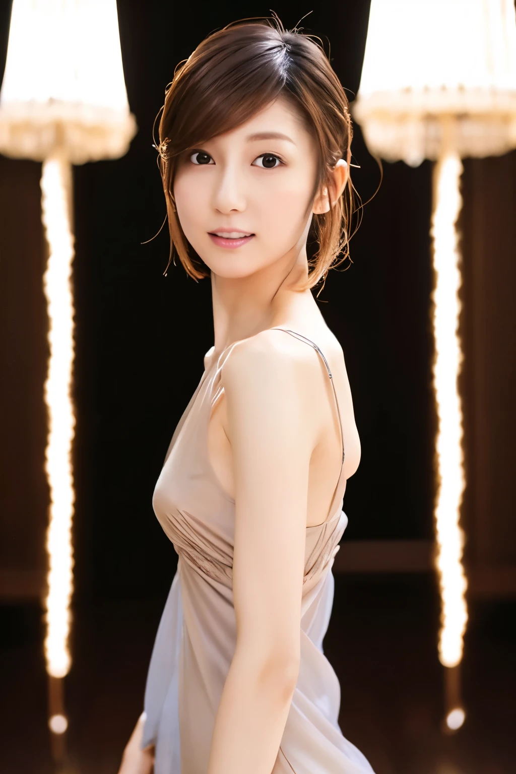 Top quality, realistic, perfect human body structure, very detailed, very delicate and beautiful, RAW photography, professional lighting, luminescence, depth of field, single focal, full body, Skinny Japanese lady, 30 years old lady, brown hair, small head, beautiful eyes, real face, realistic skin, detailed eyes, (fashionable hairstyle: 1.3),