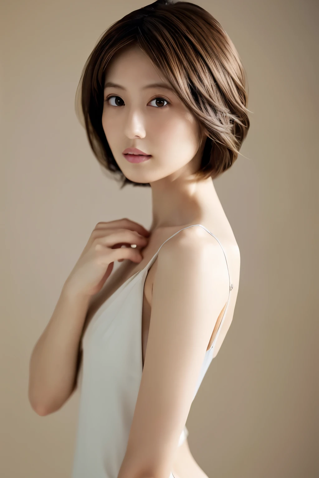Top quality, realistic, perfect human body structure, very detailed, very delicate and beautiful, RAW photography, professional lighting, luminescence, depth of field, single focal, full body, Skinny Japanese lady, 30 years old lady, brown hair, small head, beautiful eyes, real face, realistic skin, detailed eyes, (fashionable hairstyle: 1.3),