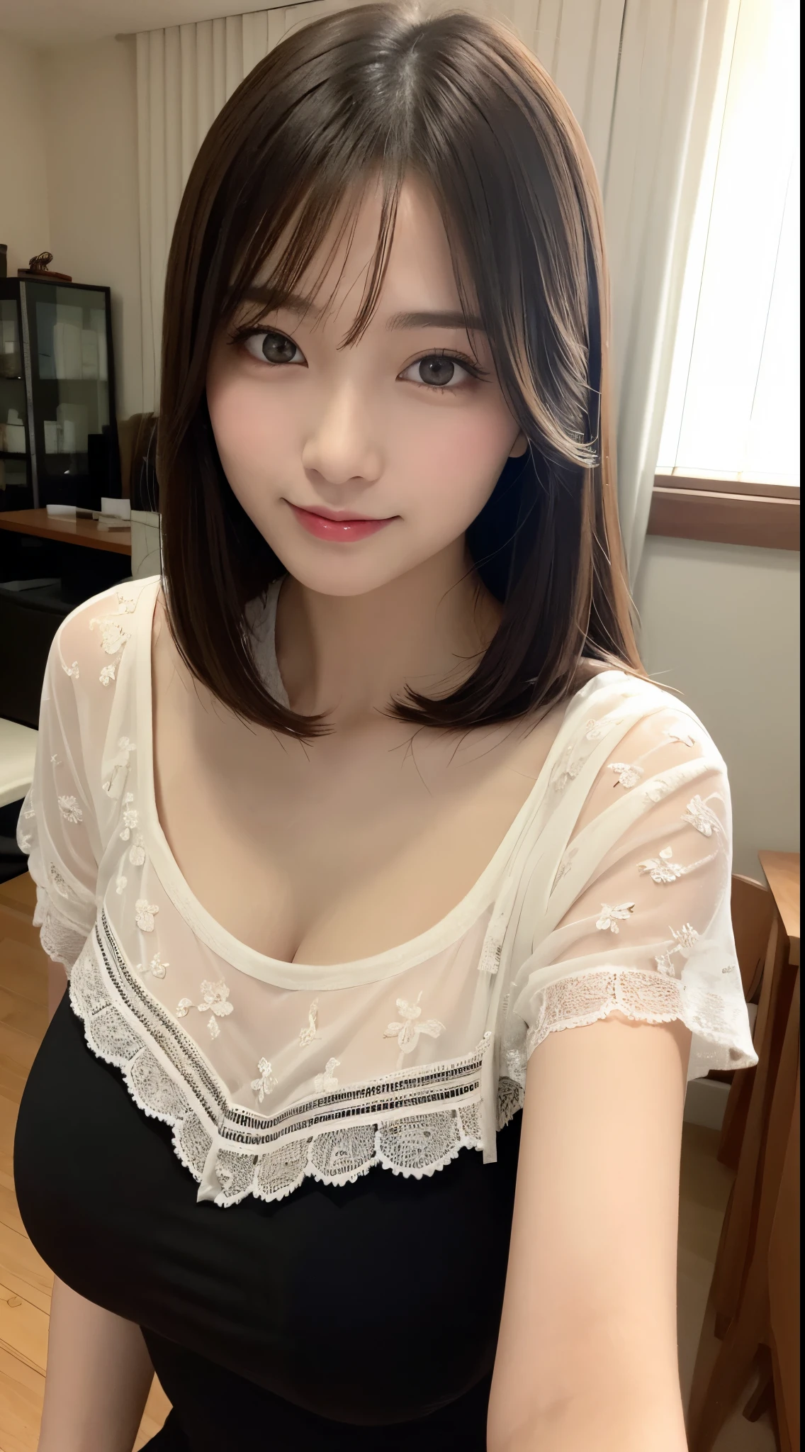 On the table、best quality、Photorealism、Finely、high resolution、８wallpaper、Perfect dynamic posture、Beautiful slender eyes and long hair、（Big breasts 1.2）、casual sexy pose、Random situations、Selfie Angle，Looking at the camera，（Tight round neck black mesh lace shirt）、、Gentle smile、50 years old、（Perfect Eyes 1.3）、Mature adult beauties、Japanese、