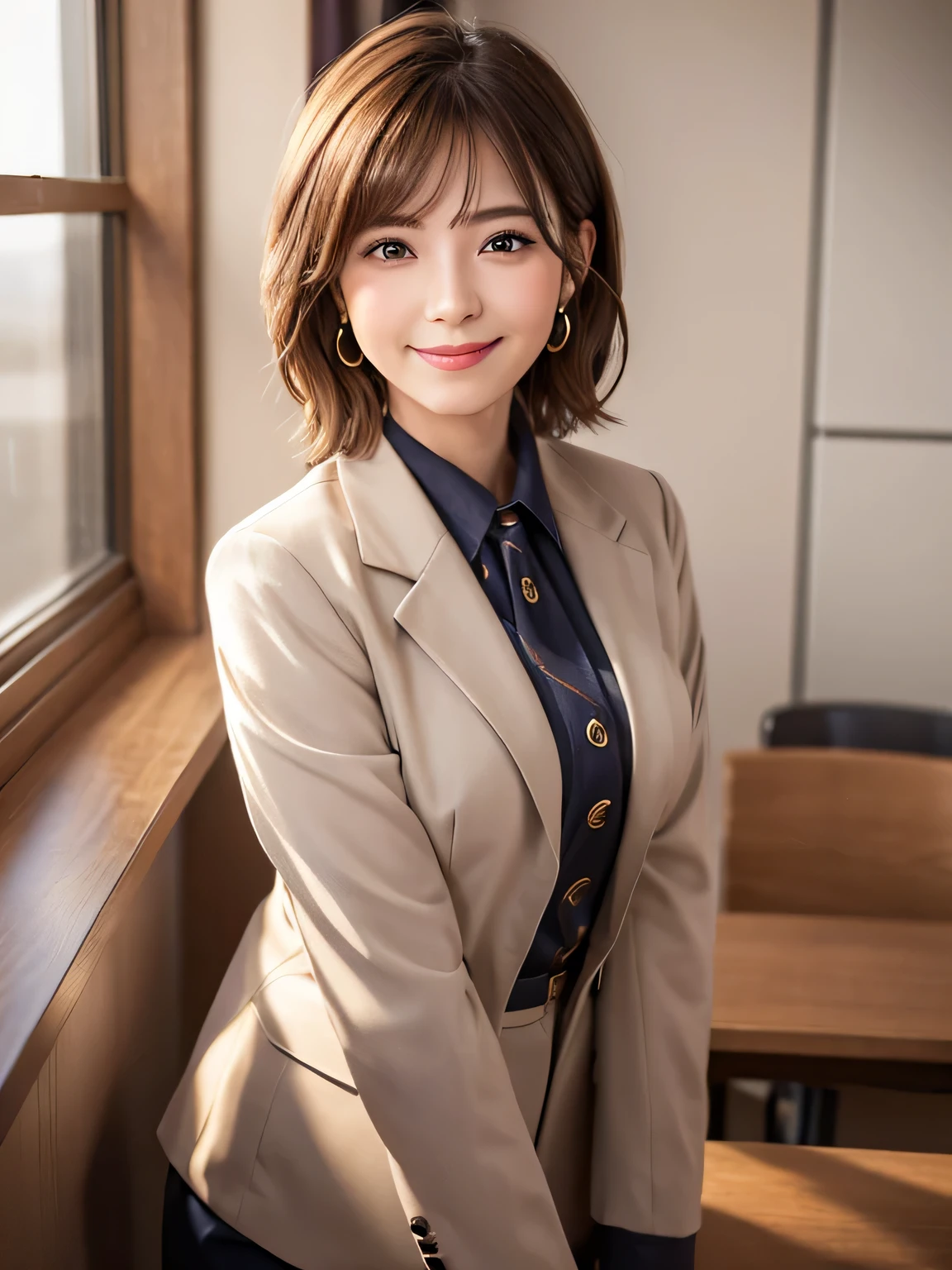 Tabletop, highest quality, Super detailed, cute, cute, Lovely, sexy, device, Very detailed, 4K, 8k, highest quality, beautiful, Genuineistic, Genuine, Looking up from below, office, evening, , , alone, Face and big , suit, Office Lady, secretary, (Bottomless), beautiful light brown hair, beautiful eyes, short hair, Earrings, Light Smile, blush, Lens flare, Cowboy Shot