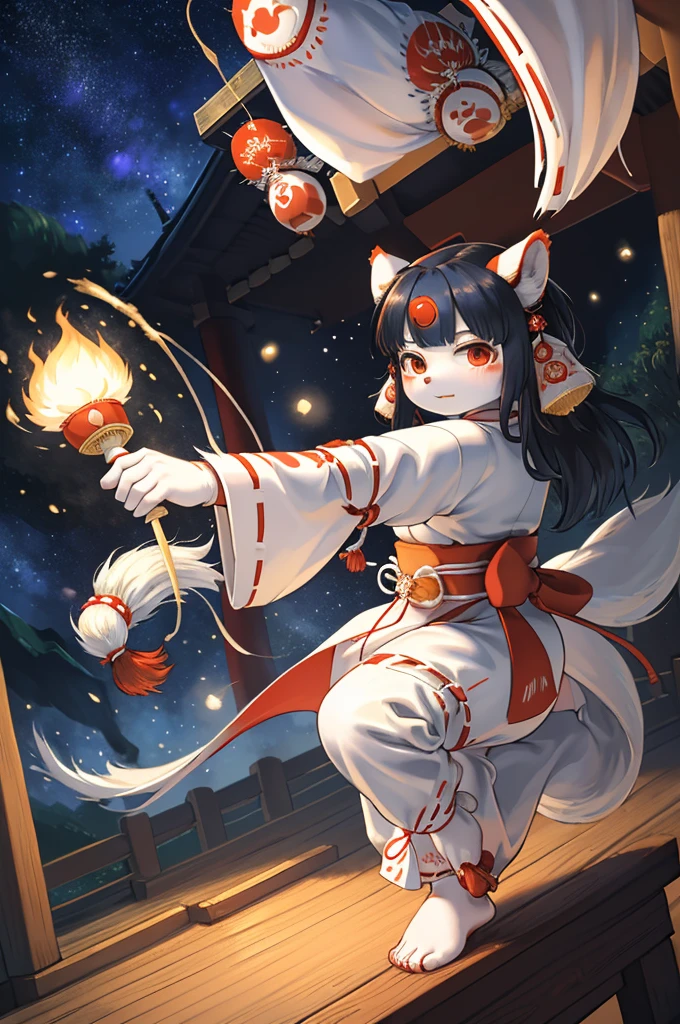 (Gogh style:1.2), from above , 1 hairy inari girl , Short stature , realistic hairy fur , Straight black Long Hair , Round face, swollen cheeks,round eyes , neat hair ties , Japanese Shrine Maiden Clothing , (dynamic Noh dance action:1.5) , in the Inari Shrine , Sacred offerin , (Fly around Will-o'-the-wisp) , midnight