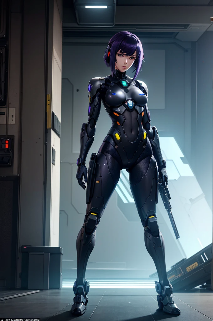 Create the image of a humanoid robot with a military appearance. It has two antennas and a slender build, with silver color and details in olive green and purple. The scene is set in a military base in the near future, with other robots nearby. The humanoid robot is standing in an anime style, reminiscent of Masamune Shirow's work and 'Ghost in the Shell', with elements of 'Overwatch' style. The image should be in 4K resolution, resembling anime from the 2000s, highly detailed, with a focus on intricate details, high quality, enhanced editing, dynamic action pose, and an anime aesthetic.