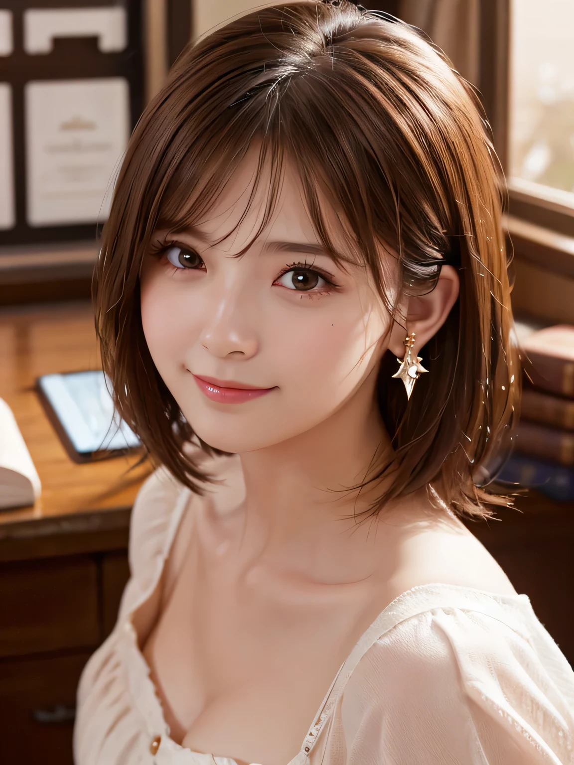 Cute Lingerie, highest quality, Super detailed, cute, cute, Lovely, sexy, device, Very detailed, 4K, 8k, highest quality, beautiful, Genuineistic, Genuine, Looking up from below, office, evening, , , alone, , beautiful light brown hair, beautiful eyes, short hair, Earrings, Light Smile, blush, Lens flare, Cowboy Shot
