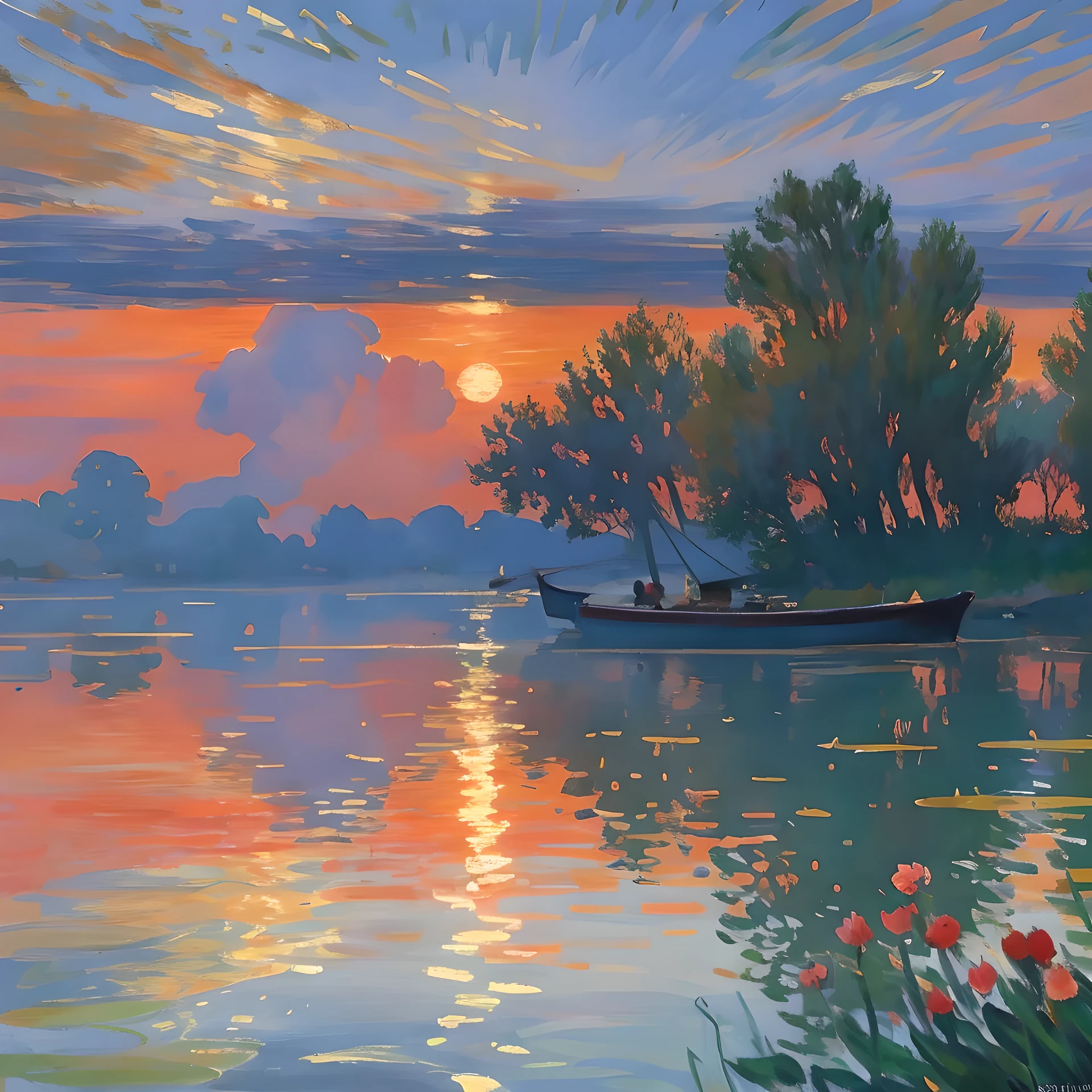 An Impressionist painting, capturing a boat gently bobbing on the water under a radiant red sunset - a masterpiece by Claude Monet, renowned Impressionist artist. This exquisite piece, styled in the distinct Impressionism manner, is reminiscent of Monet's signature technique, showcasing his remarkable skill in capturing stunning lighting effects in Charles Monet's iconic style. The painting, an Impressionist gem, embodies the Impressionism style, displaying an exceptional level of detail and realism throughout.