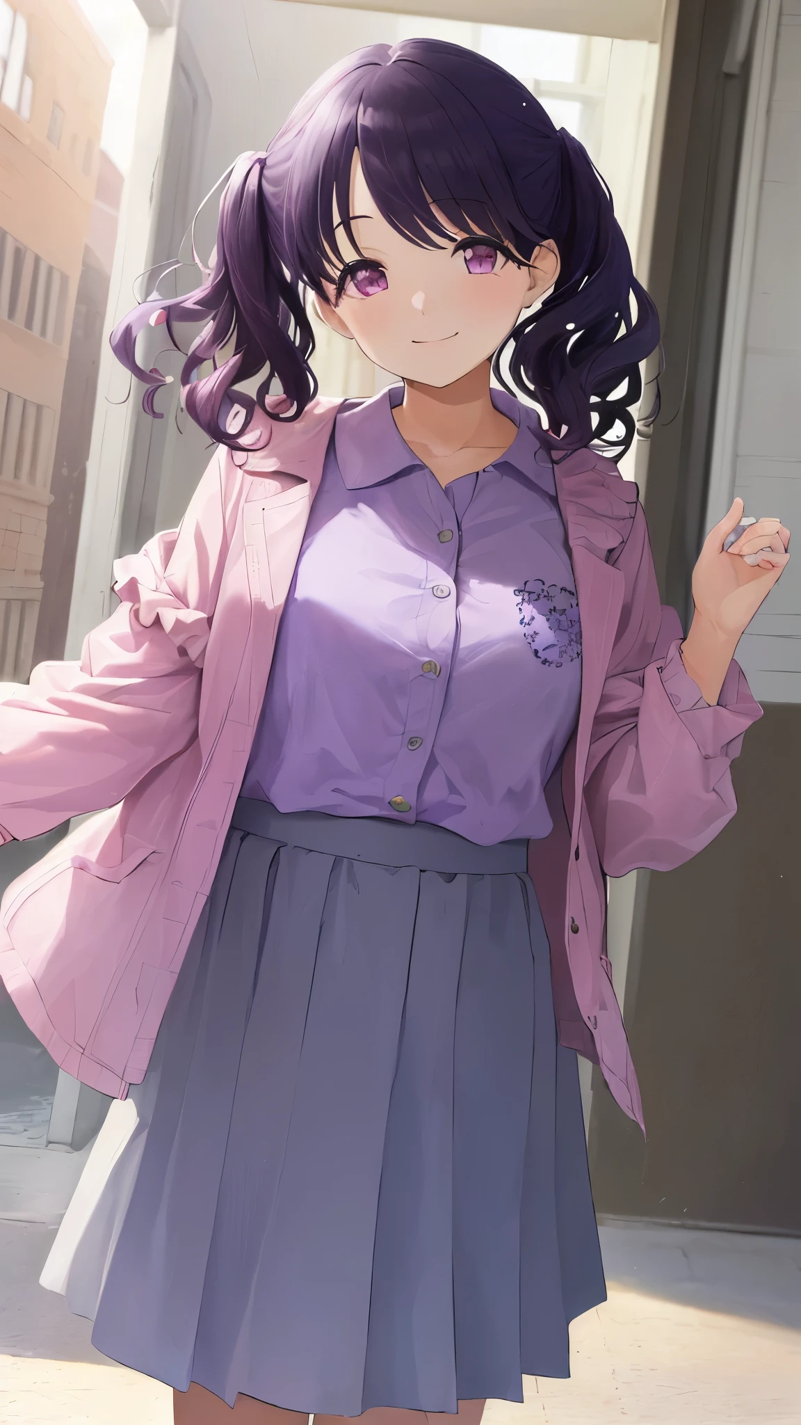 (((masterpiece, highest quality, High resolution,8k))),fukumaru koito, medium hair,purple black hair, twintails, purple eyes,pink jacket,purple shirts,ruffle skirt,close eye,A big smile,Posing,