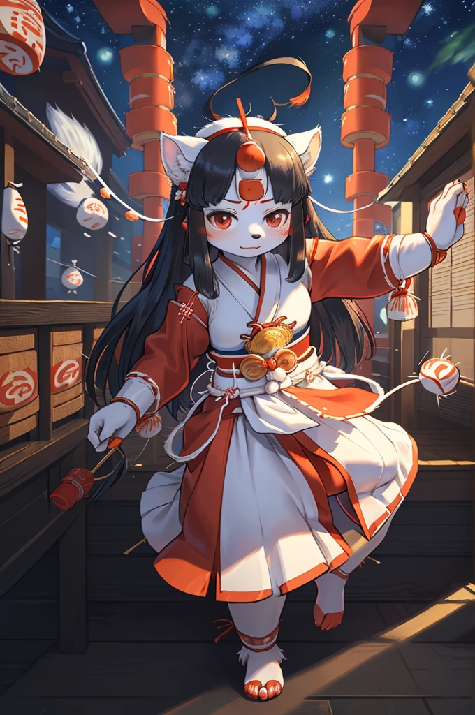 (Gogh style:1.2), from above , 1 hairy inari girl , Short stature , realistic hairy fur , Straight black Long Hair , Round face, swollen cheeks,round eyes , neat hair ties , Japanese Shrine Maiden Clothing , (dynamic Noh dance action:1.5) , in the Inari Shrine , Sacred offerin , (Fly around Will-o'-the-wisp) , midnight