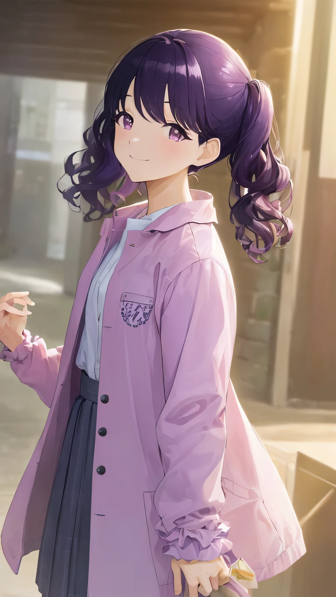 (((masterpiece, highest quality, High resolution,8k))),fukumaru koito, medium hair,purple black hair, twintails, purple eyes,pink jacket,purple shirts,ruffle skirt,close eye,A big smile,Posing,