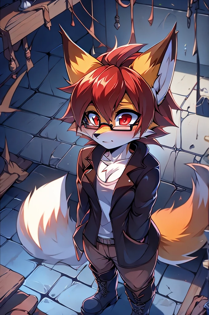 fox furry girl with short red hair, beautiful red eyes, wearing glasses, fluffy tail ,wearing a jacket and pants, and boots looking nervous, trapped in a dungeon