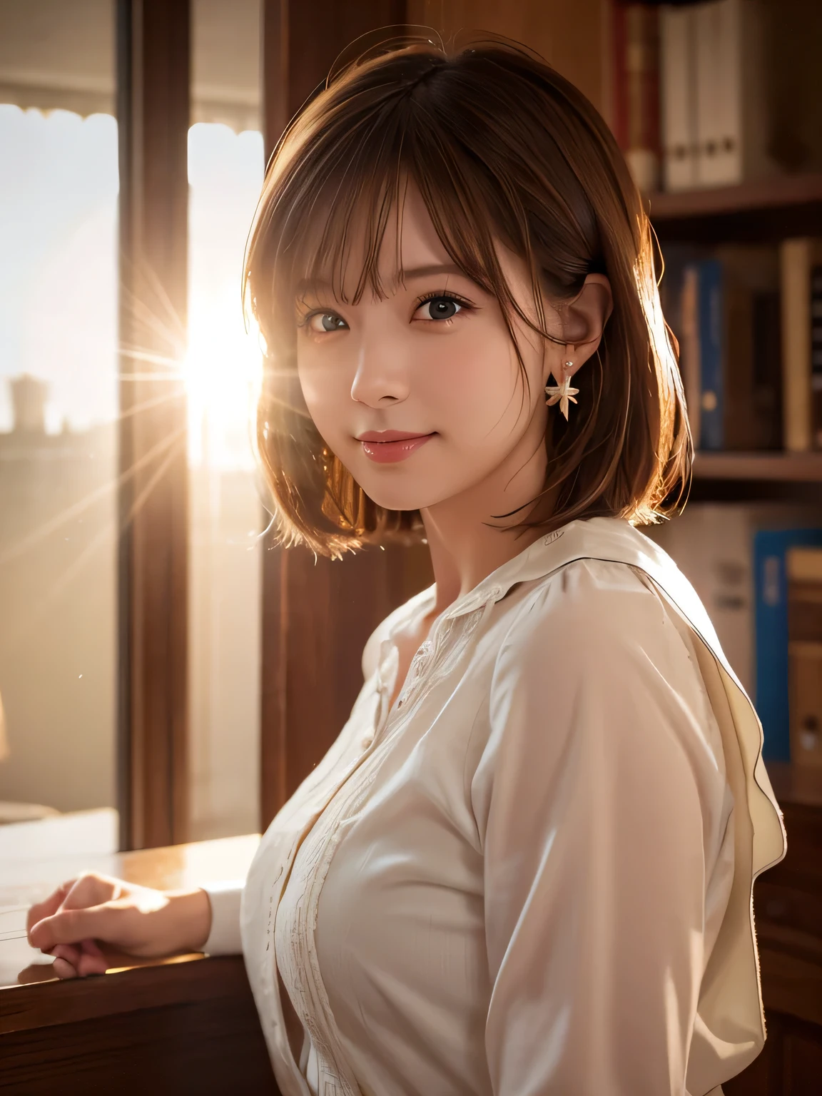 Cute Lingerie, highest quality, Super detailed, cute, cute, Lovely, sexy, device, Very detailed, 4K, 8k, highest quality, beautiful, Genuineistic, Genuine, Looking up from below, office, evening, , , alone, , beautiful light brown hair, beautiful eyes, short hair, Earrings, Light Smile, blush, Lens flare, Cowboy Shot