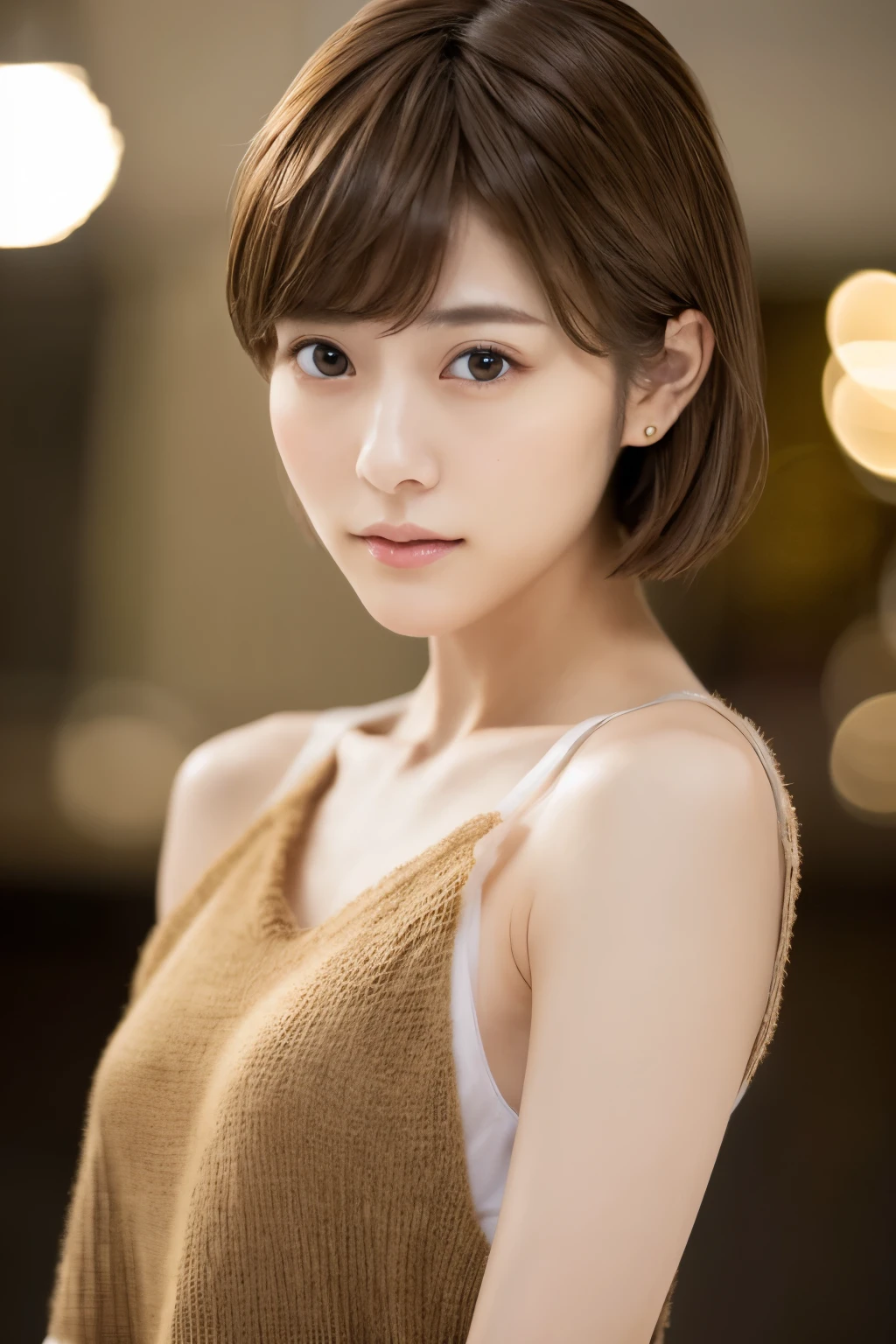 Top quality, realistic, perfect human body structure, very detailed, very delicate and beautiful, RAW photography, professional lighting, luminescence, depth of field, single focal, full body, Skinny Japanese lady, 30 years old lady, brown hair, small head, beautiful eyes, real face, realistic skin, detailed eyes, (fashionable hairstyle: 1.3),