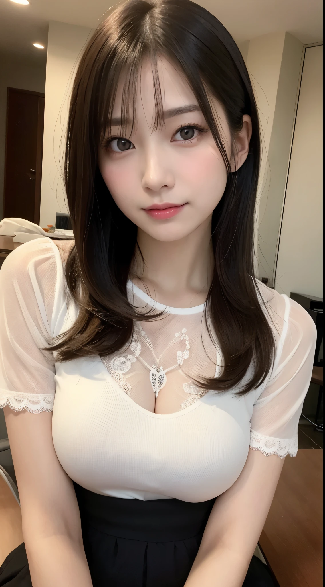 On the table、best quality、Photorealism、Finely、high resolution、8wallpaper、Perfect dynamic posture、Beautiful slender eyes and long hair、(Big breasts 1.2)、casual sexy pose、Random situations、Selfie Angle,Looking at the camera,(Tight round neck black mesh lace shirt)、、Gentle smile、50 years old、(Perfect Eyes 1.3)、Mature adult beauties、Japanese、