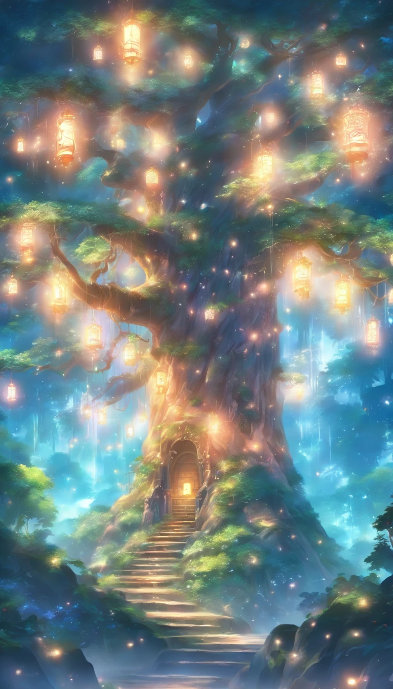 a painting of a tree with lights in the branches, concept art by Yang J, trending on cgsociety, fantasy art, magical tree, fantasy gorgeous lighting, very magical and dreamy, magical atmosphere, . ethereal lights, magical environment, magic tree, enchanted and magic forest, enchanted magical fantasy forest, fantasy tree, magical fantasy forest, very beautiful fantasy art, fairy atmosphere