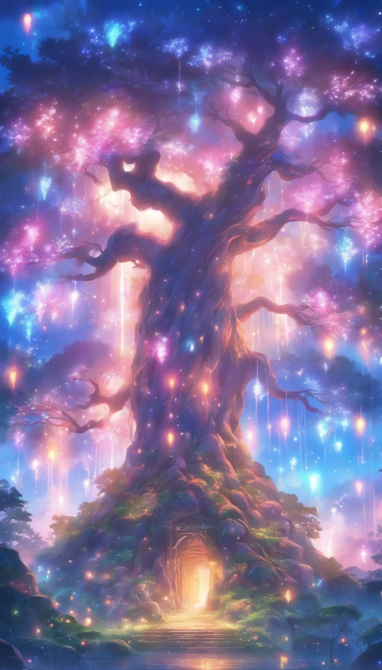 a painting of a tree with lights in the branches, concept art by Yang J, trending on cgsociety, fantasy art, magical tree, fantasy gorgeous lighting, very magical and dreamy, magical atmosphere, . ethereal lights, magical environment, magic tree, enchanted and magic forest, enchanted magical fantasy forest, fantasy tree, magical fantasy forest, very beautiful fantasy art, fairy atmosphere