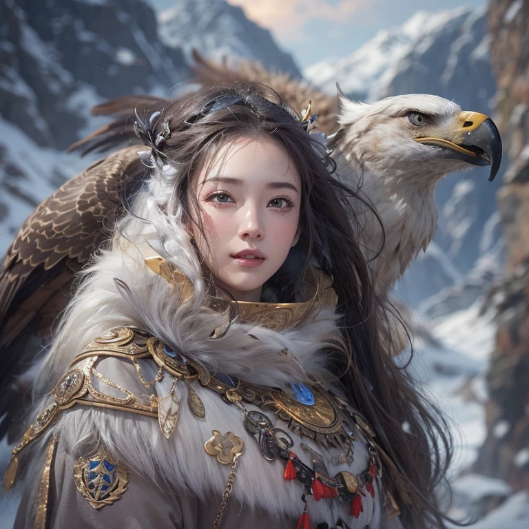 Hiding in the snowy mountains、Hair flow、 ((highest quality、masterpiece、8k、Best image quality、Ultra-high resolution、Award-winning works)、(Accurate anatomy:1.1)、(Look at me and smile:1.1)、Shining fair skin with Ultra-high resolution、The most detailed face、Ultra-high resolution detailed face、Ultra-high resolutionの髪の毛、(Ultra-high resolutionの煌めく瞳:1.1)、Beautiful face drawn in every detail、(Blurred Background:1.1)、Ancient Inuit clothing, Chest to chest, tattoo, Old ruins in the background、Apart from the real giant eagle
