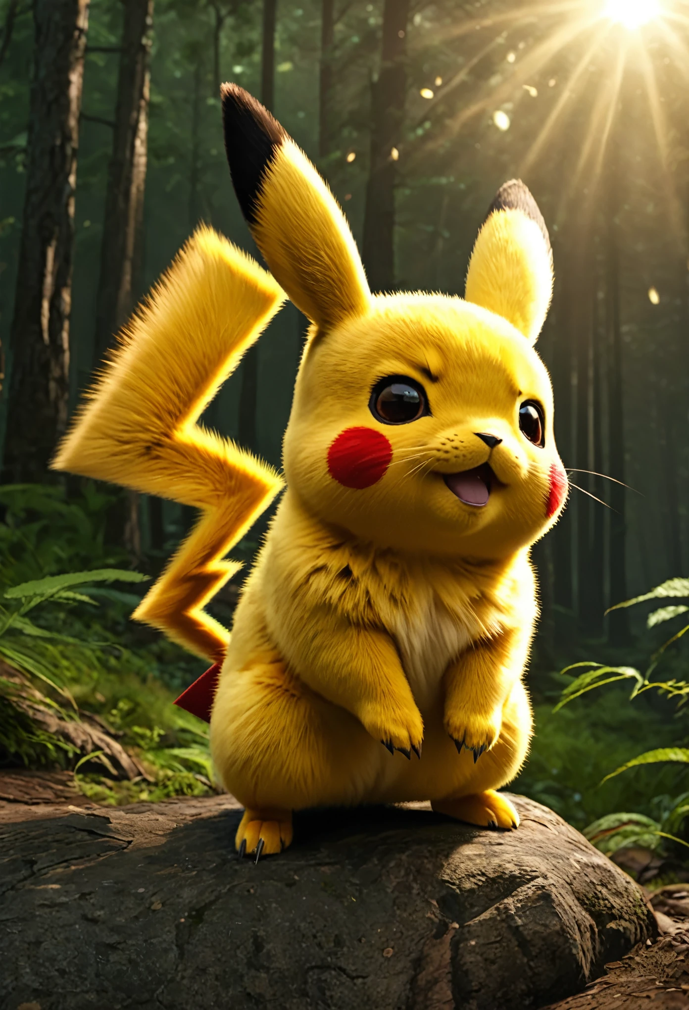 professional-photo, full-portrait : Pikachu was designed around the concept of electricity. They are creatures that have short, yellow fur with brown markings covering their backs and parts of their lightning bolt-shaped tails. They have black-tipped, pointed ears and red circular pouches on their cheeks, which can spark with electricity.
BREAK
cute-cartoonish-look, perfect-eyes, sun-rays, detailed, forest-background, dark-atmosphere
BREAK
dynamic-lighting, (soft-shadows), (sharp-focus), (photo-realistic), extreme-details, uhd, 8k