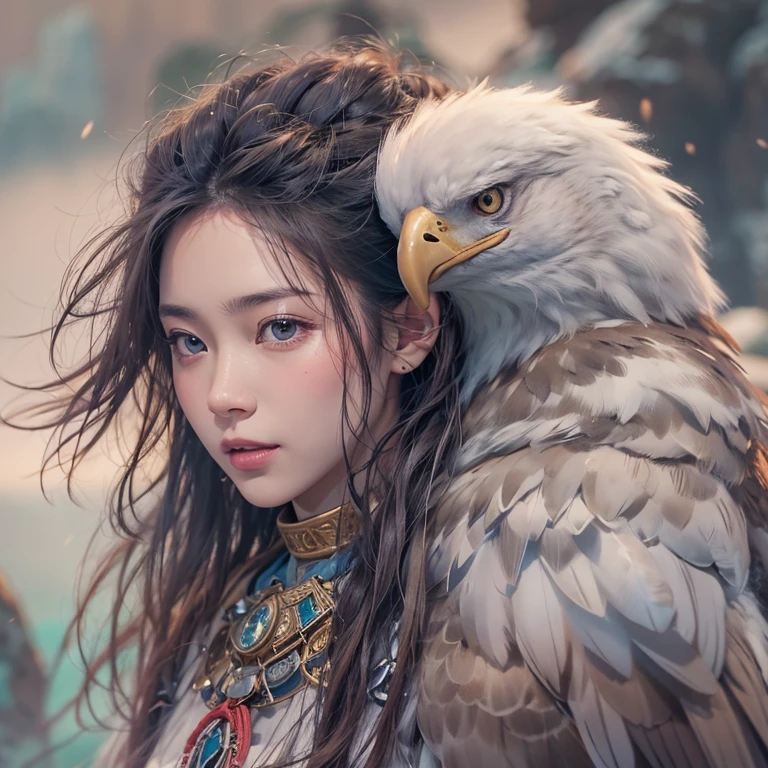 Hiding in the snowy mountains、Hair flow、 ((highest quality、masterpiece、8k、Best image quality、Ultra-high resolution、Award-winning works)、(Accurate anatomy:1.1)、(Look at me and smile:1.1)、Shining fair skin with Ultra-high resolution、The most detailed face、Ultra-high resolution detailed face、Ultra-high resolutionの髪の毛、(Ultra-high resolutionの煌めく瞳:1.1)、Beautiful face drawn in every detail、(Blurred Background:1.1)、Ancient Inuit clothing, Chest to chest, tattoo, Old ruins in the background、Apart from the real giant eagle