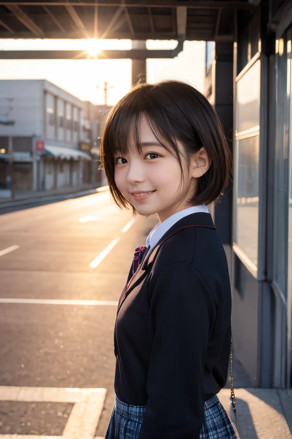 highest quality, masterpiece, Ultra-high resolution, (Reality: 1.4), Original photo, 1 woman, mature, happy smile, short hair, plump body, , Cinema Lighting, from below, sunset, cowboy shot、High school girls after school、Station platform、Several high school girls on their way home from school、Wearing a uniform