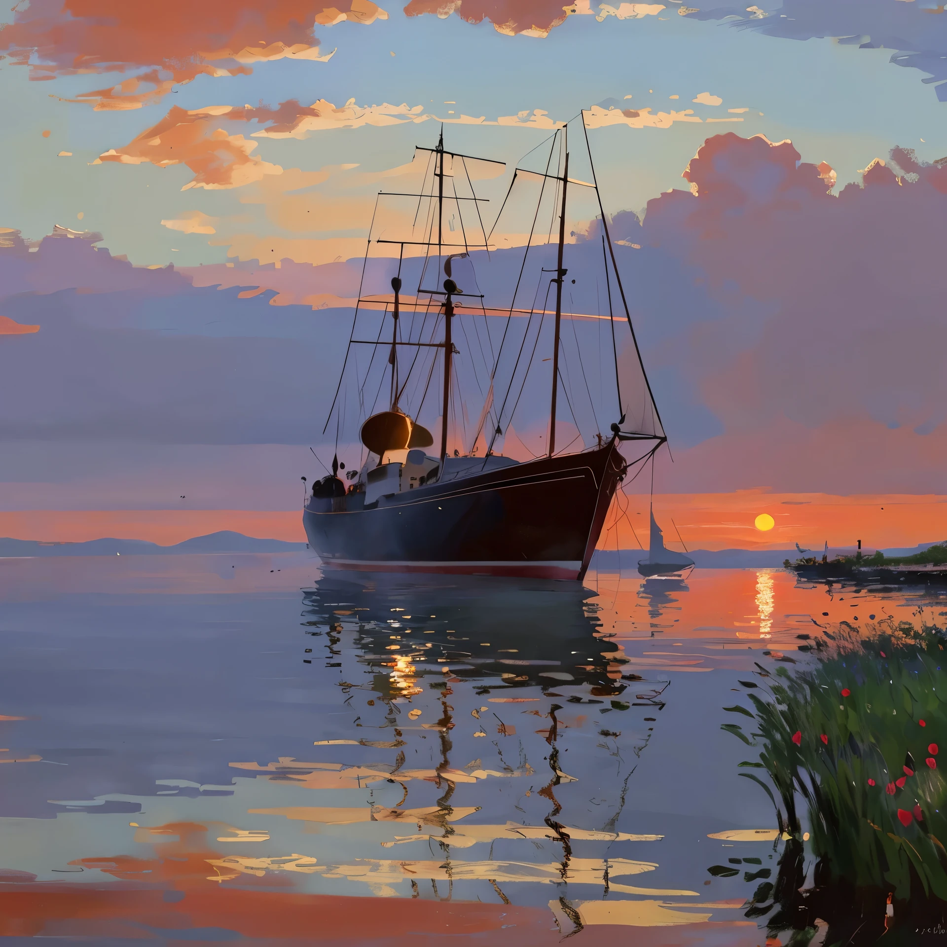 An Impressionist painting, capturing a boat gently bobbing on the water under a radiant red sunset - a masterpiece by Claude Monet, renowned Impressionist artist. This exquisite piece, styled in the distinct Impressionism manner, is reminiscent of Monet's signature technique, showcasing his remarkable skill in capturing stunning lighting effects in Charles Monet's iconic style. The painting, an Impressionist gem, embodies the Impressionism style, displaying an exceptional level of detail and realism throughout.