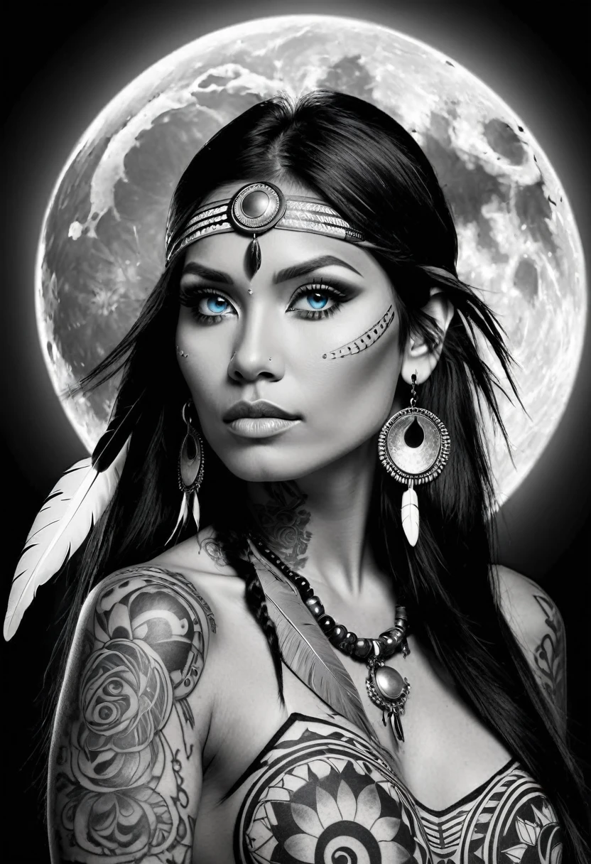 A beautiful Native American woman with tattoos and a full moon in black and white background only blue eyes